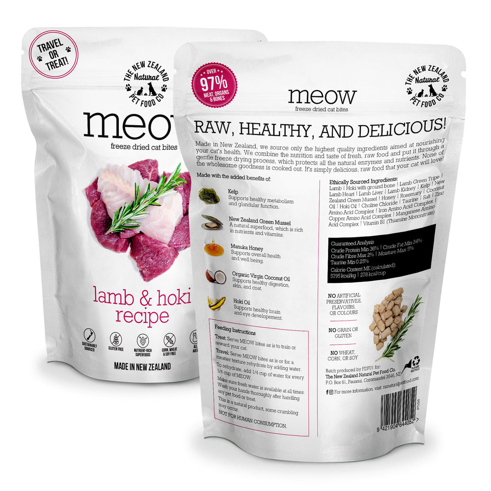 New Zealand Natural Pet Food Co Meow Freeze Dried Cat Food Lamb Hoki Recipe treat-closeup highlights high-protein options