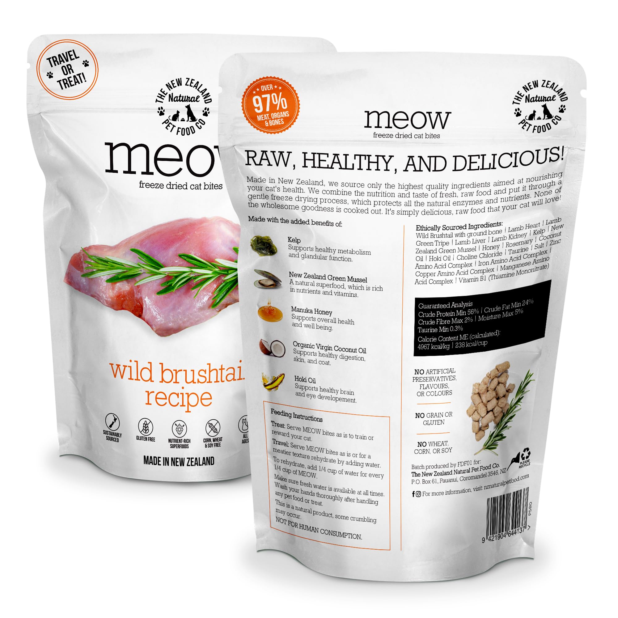 The New Zealand Natural Pet Food Co. Meow freeze-dried ingredients close-up highlighting high-protein meat for cat nourishment