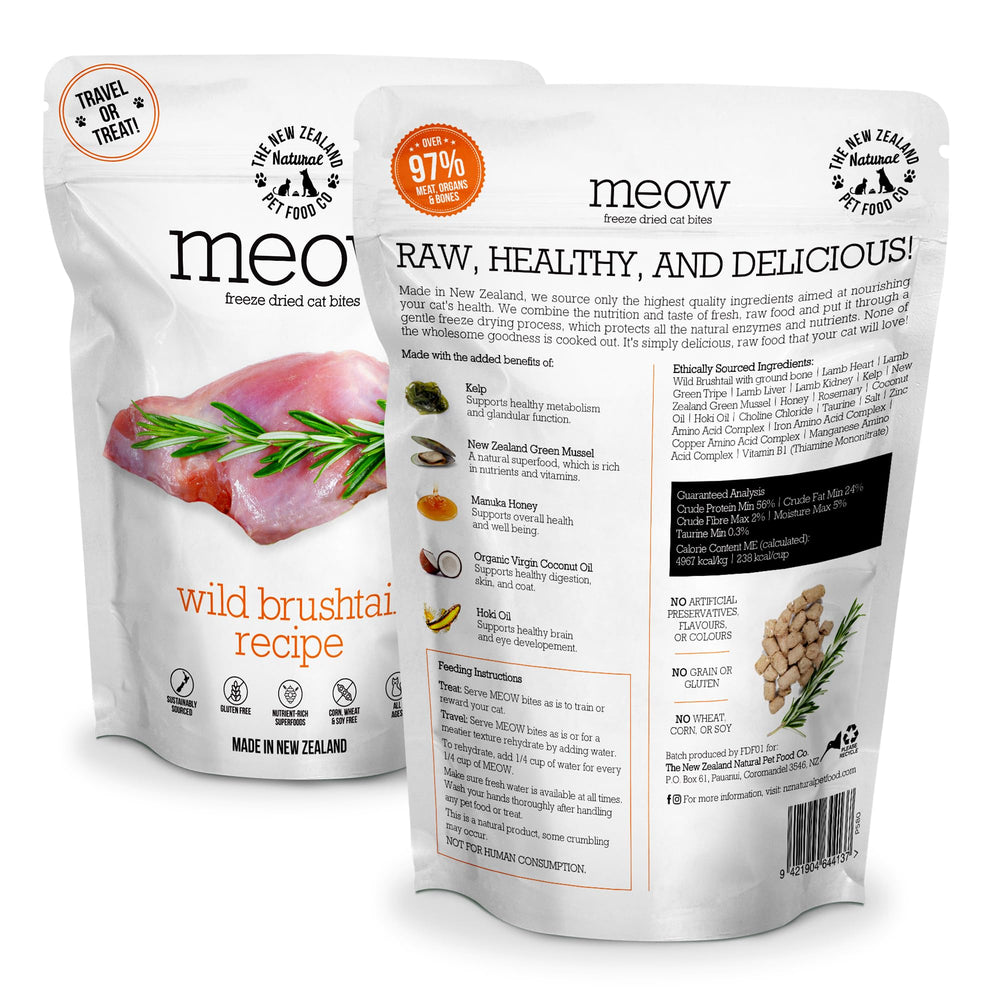 The New Zealand Natural Pet Food Co. Meow freeze-dried ingredients close-up highlighting high-protein meat for cat nourishment