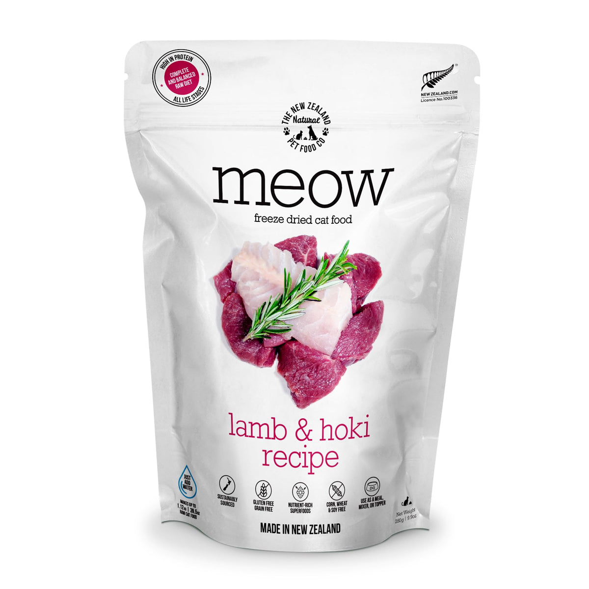 The New Zealand Natural Pet Food Co Meow freeze-dried packaging highlights premium NZ ingredients for sensitive cats.