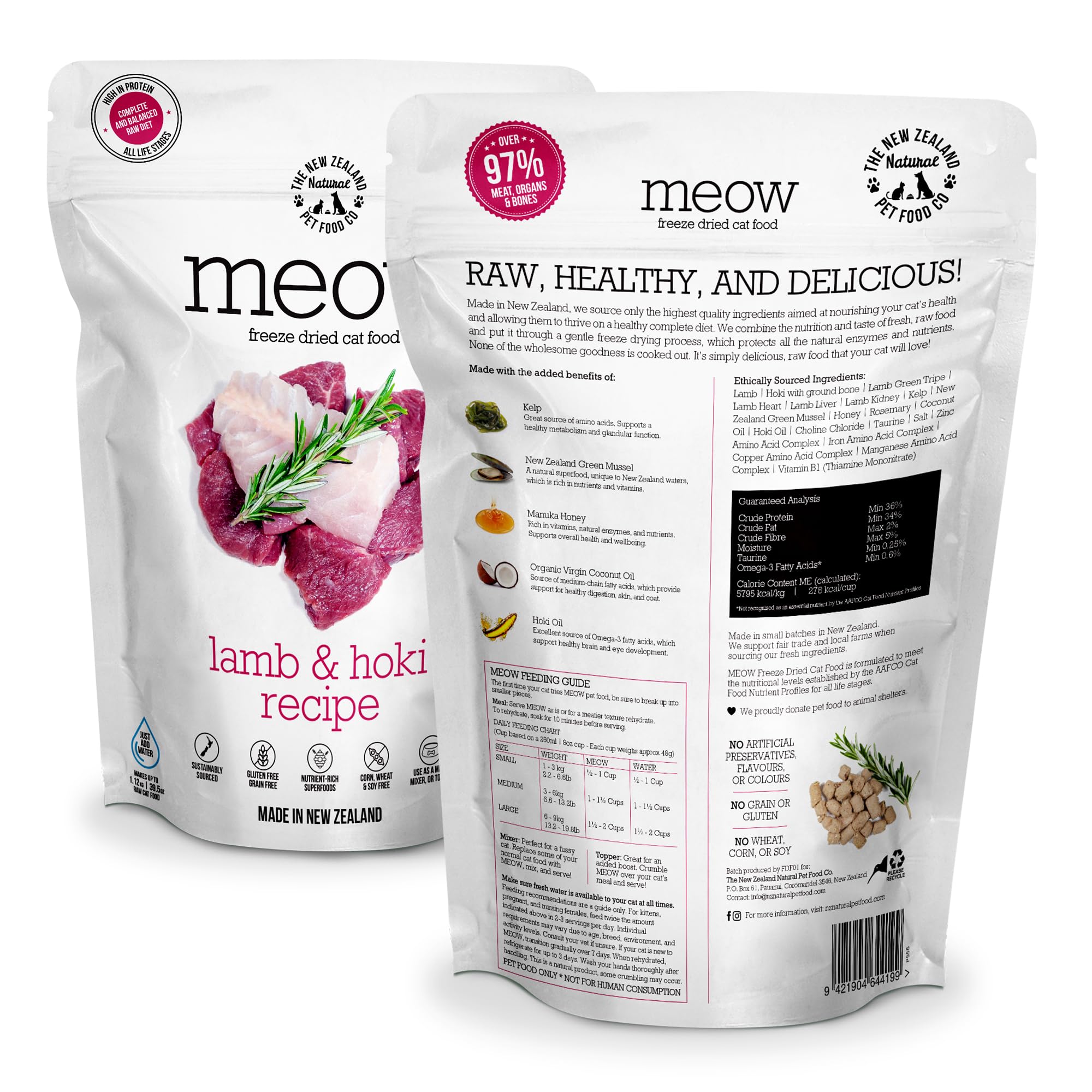 The New Zealand Natural Pet Food Co Meow freeze-dried serving bowl showcases convenient, protein-rich meals.