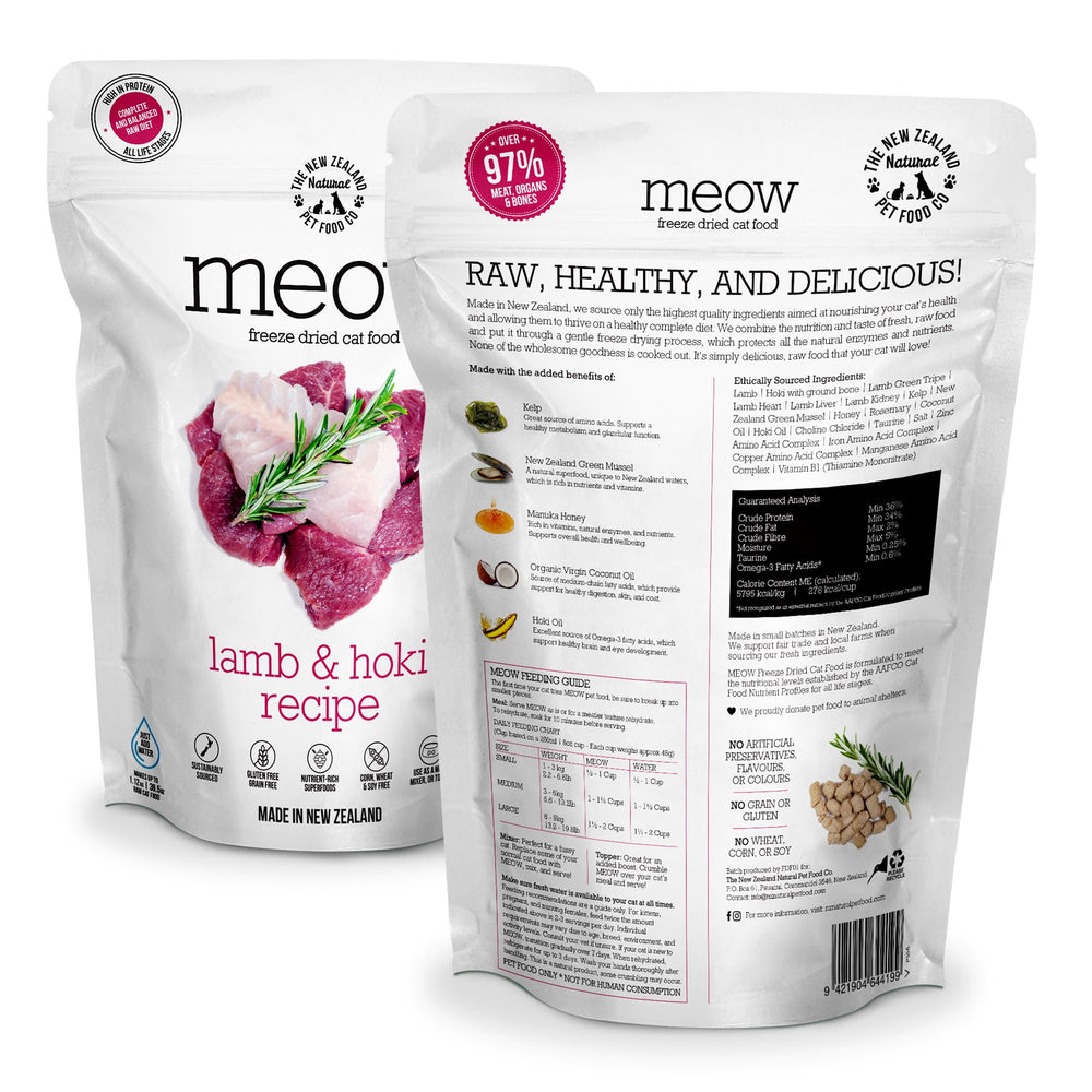 The New Zealand Natural Pet Food Co Meow freeze-dried serving bowl showcases convenient, protein-rich meals.
