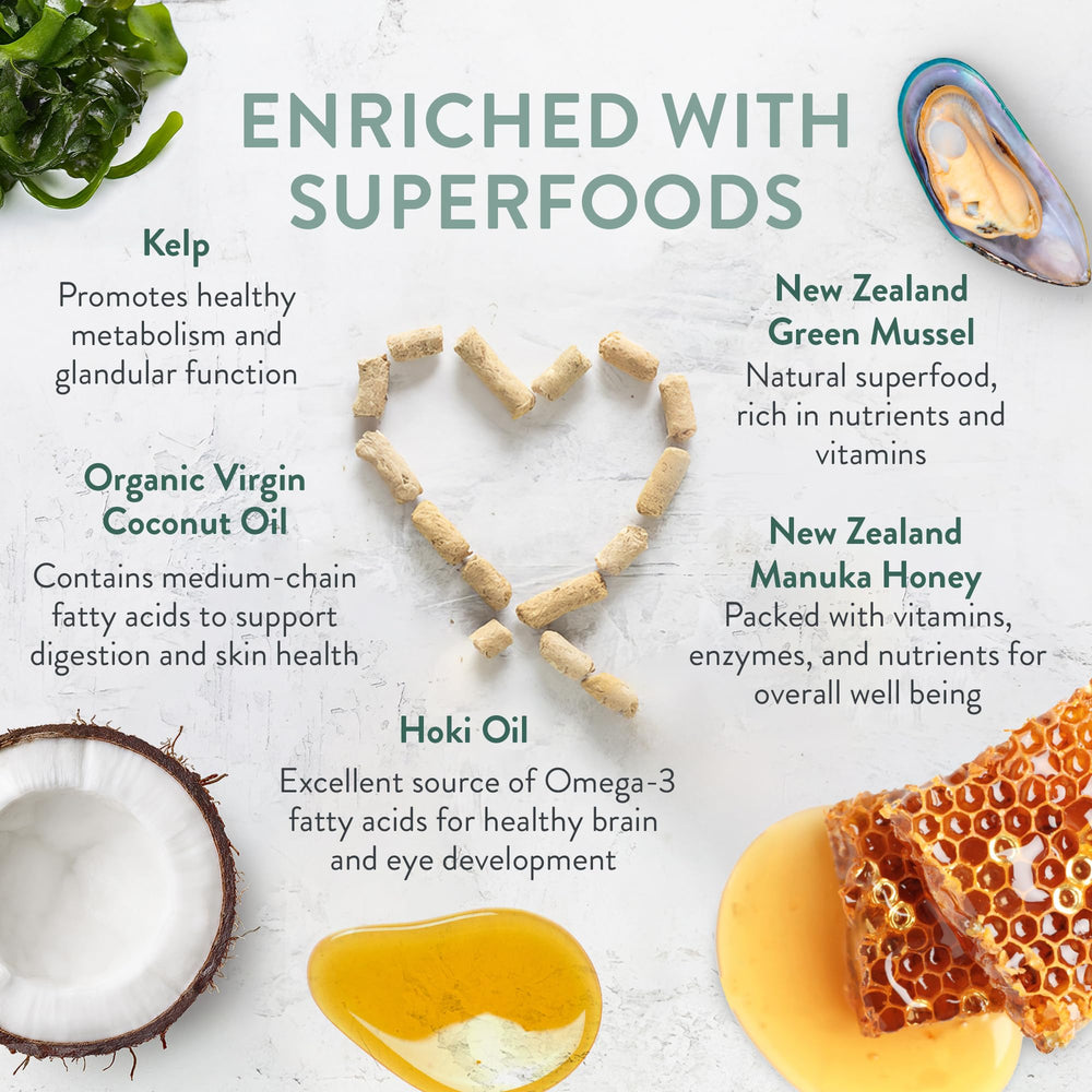 The New Zealand Natural Pet Food Co. Meow superfoods mix including mussel and honey for immune-support ideas