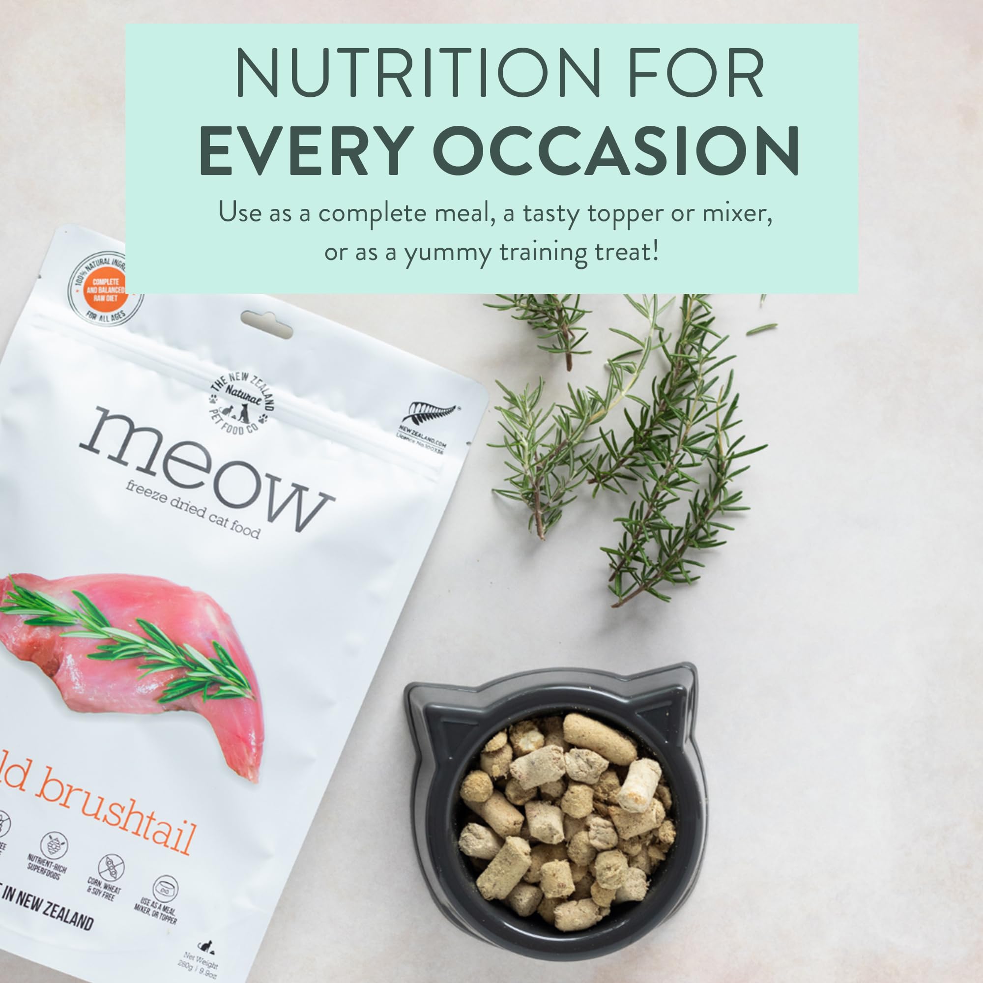 The New Zealand Natural Pet Food Co. Meow wild brushtail sourcing label conveys ethical NZ-made production