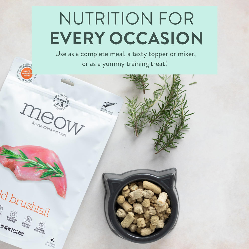The New Zealand Natural Pet Food Co. Meow wild brushtail sourcing label conveys ethical NZ-made production