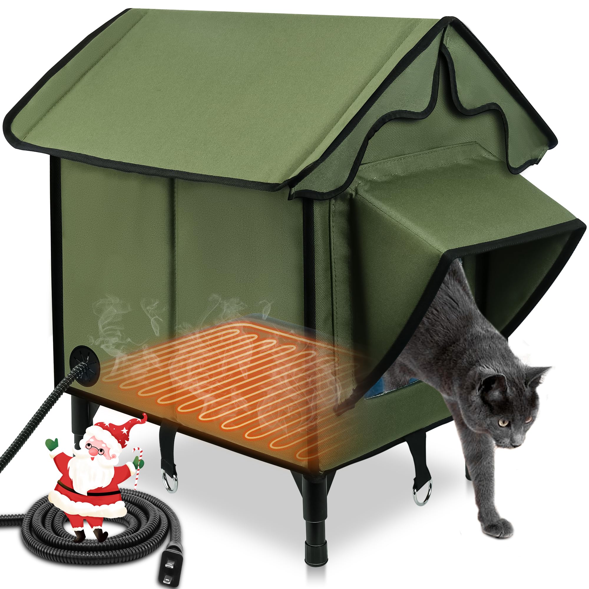 Newget heated cat house outdoor green with insulated walls for warmth
