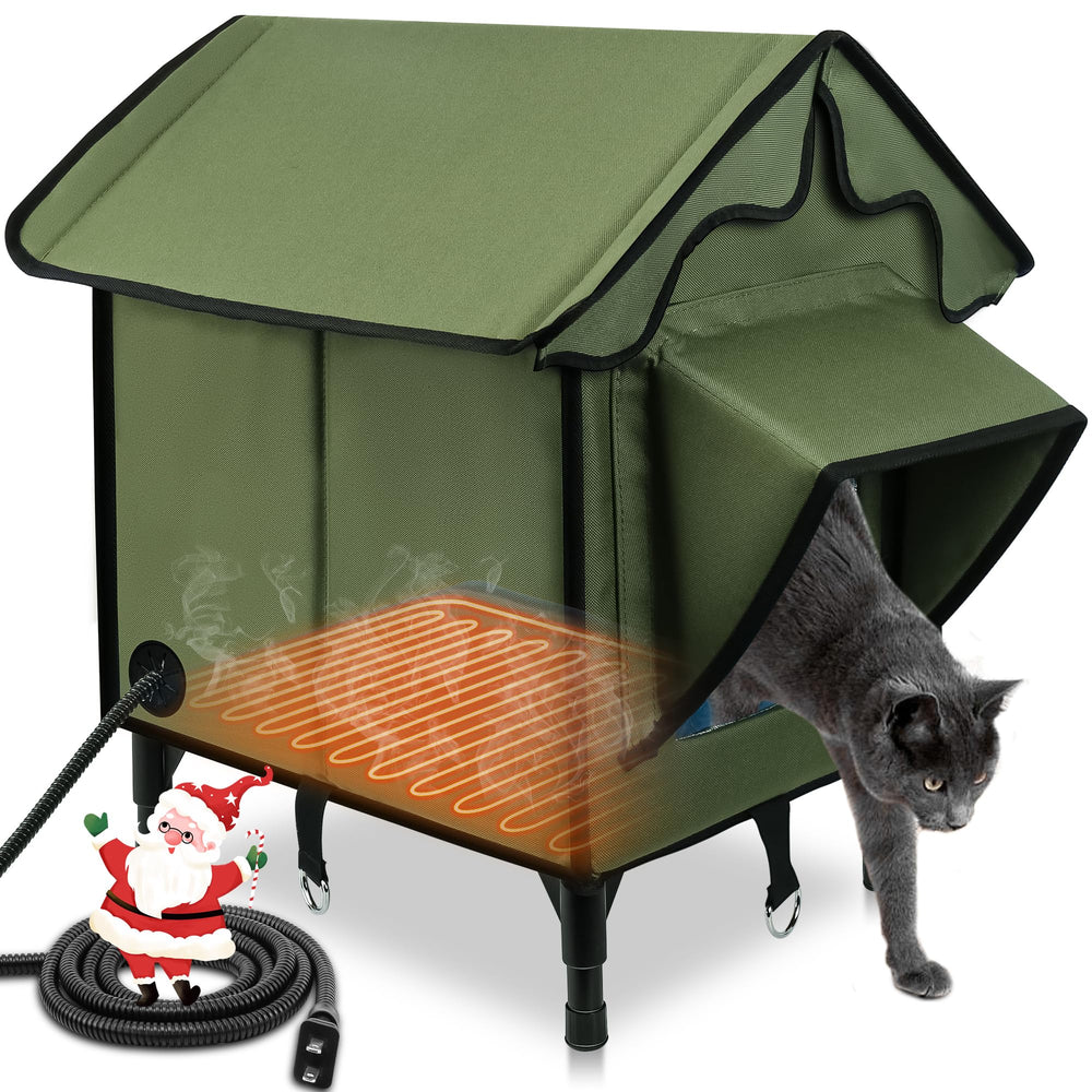 Newget heated cat house outdoor green with insulated walls for warmth
