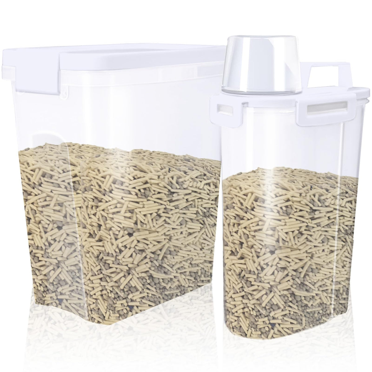 Newivi 2-pack cat litter storage containers with airtight lids keeping litter dry and organized.