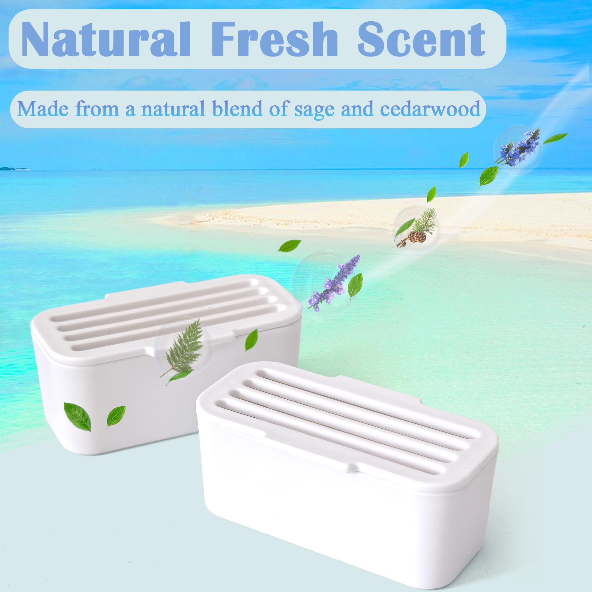 NEWKE deodorizer block in litter box highlights compatibility with self-cleaning systems for odor diffusion.