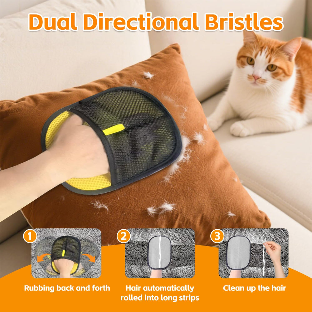 Newly Cats and Dogs glove used on a sofa for quick pet-hair cleanup.