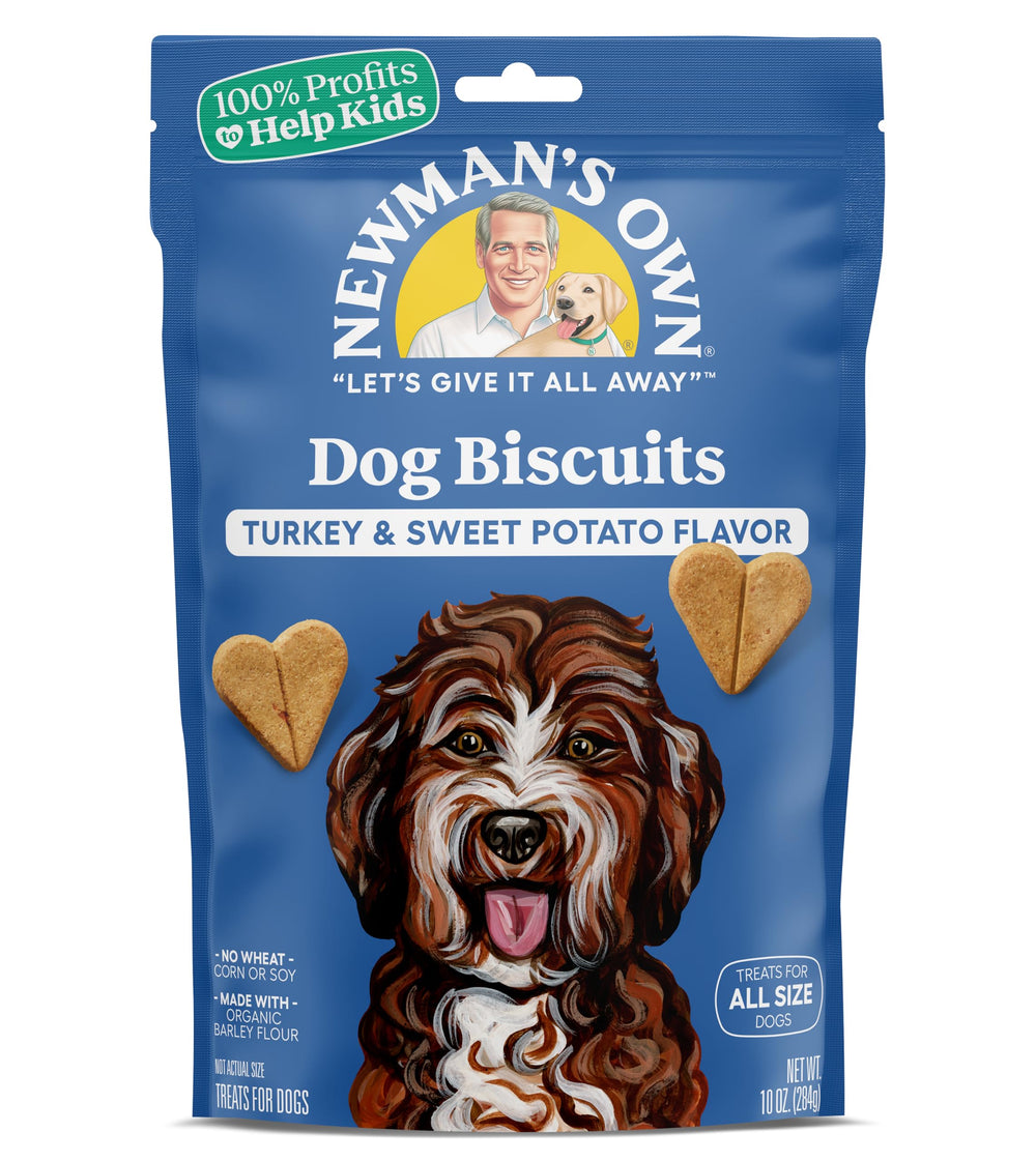 Newman's Own Turkey & Sweet Potato biscuits with a happy dog enjoying a treat moment