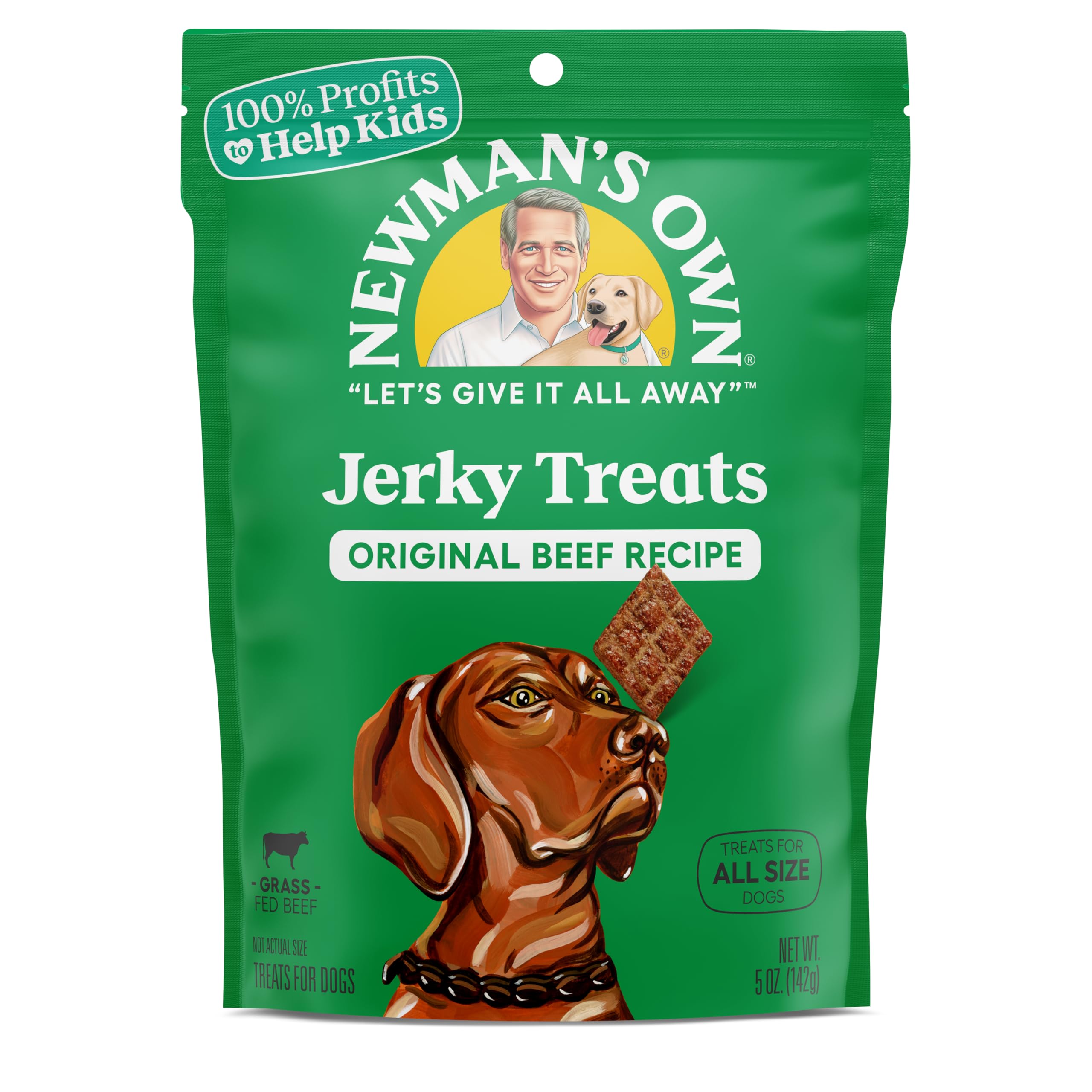 Newman's Own Dog Jerky Beef Original front shows protein-packed treats for training rewards.