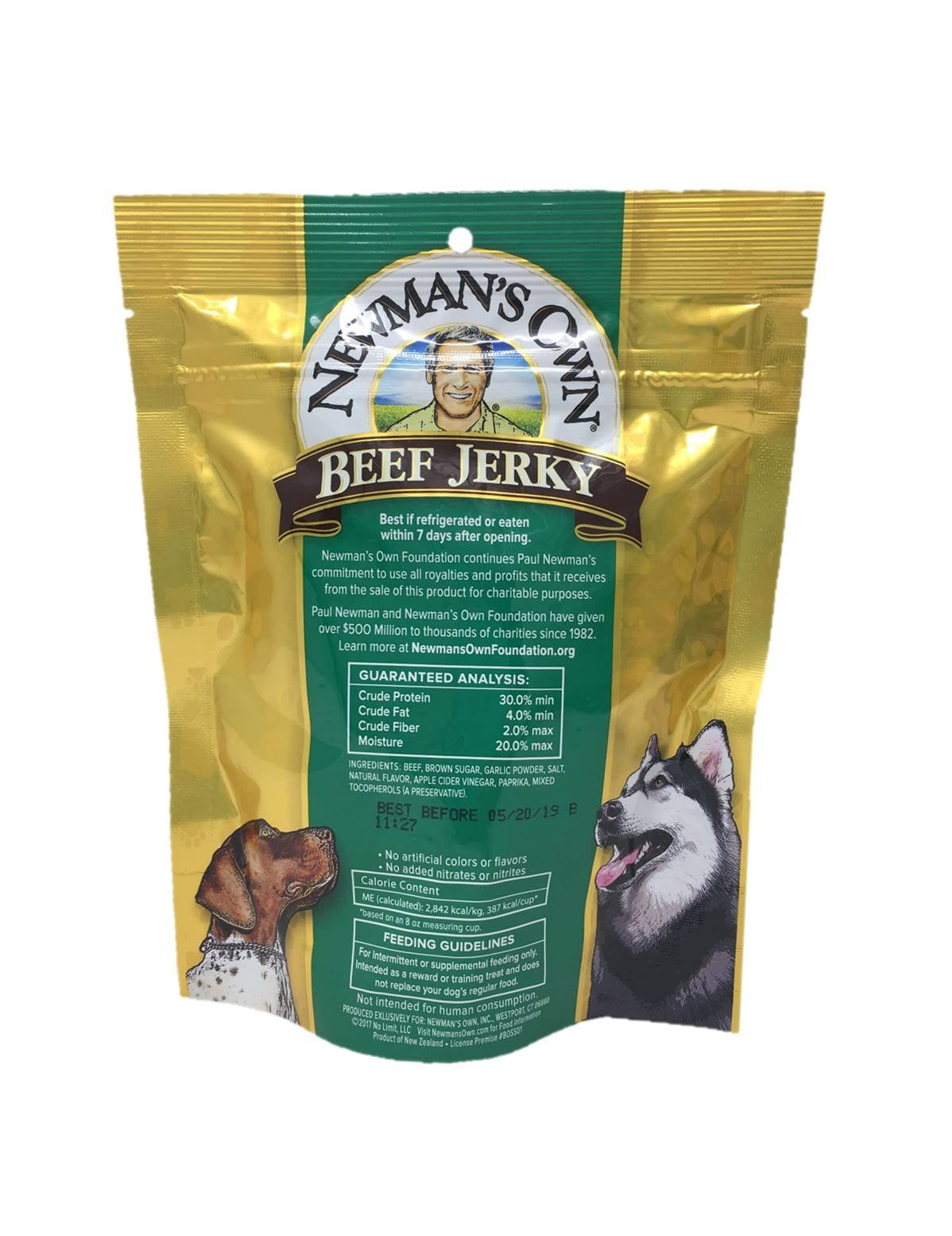 Newman's Own grain-free beef jerky dog treats 5oz for active dogs.