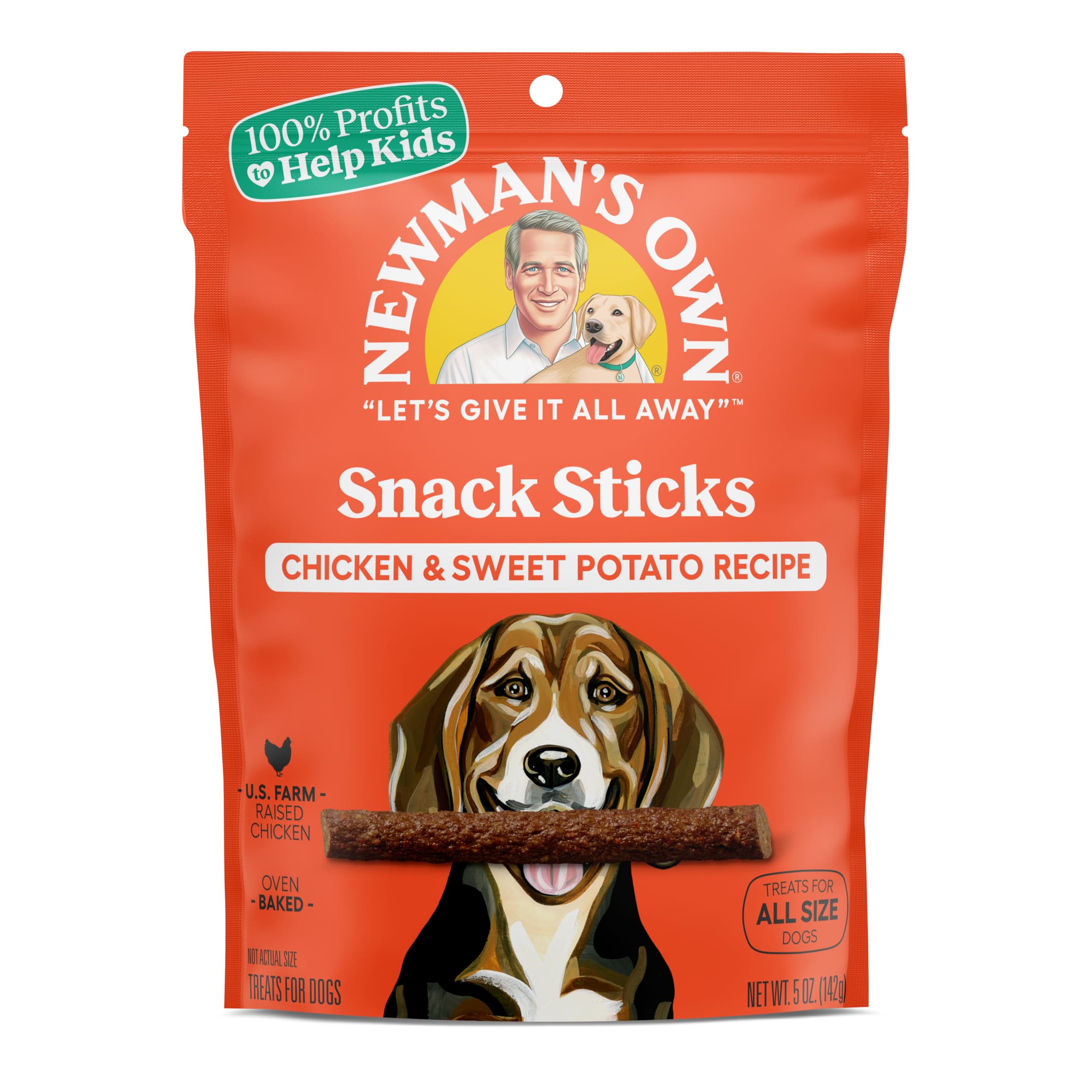 Newman's Own Snack Sticks for Dogs packaging demonstrates a resealable pouch preserving freshness.