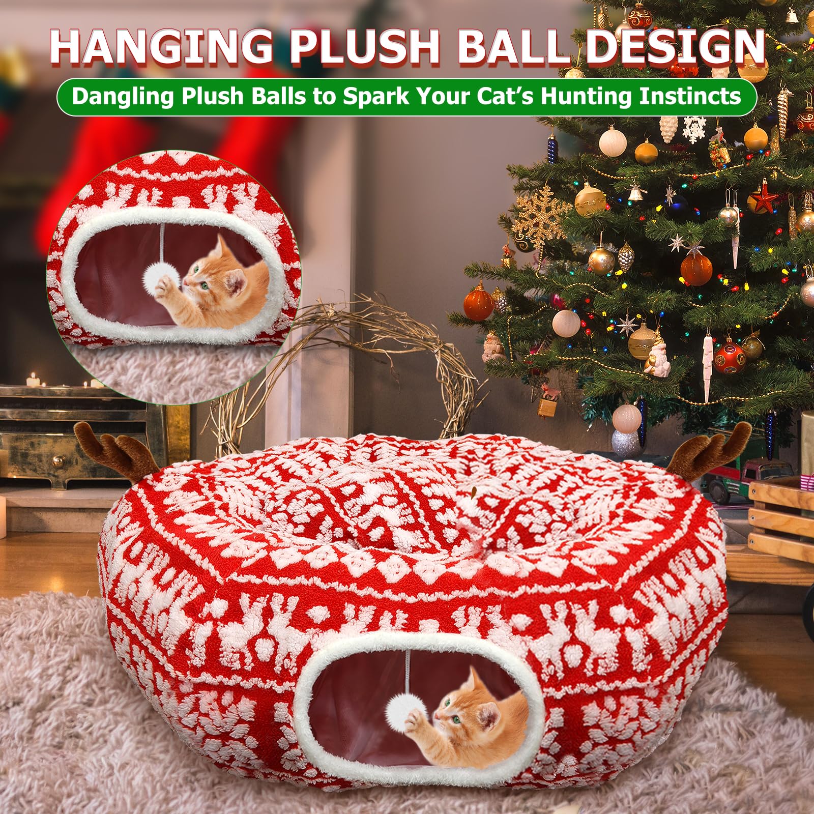 Newmkr cat tunnel donut closeup shows soft plush interior for naps and playful pounces.