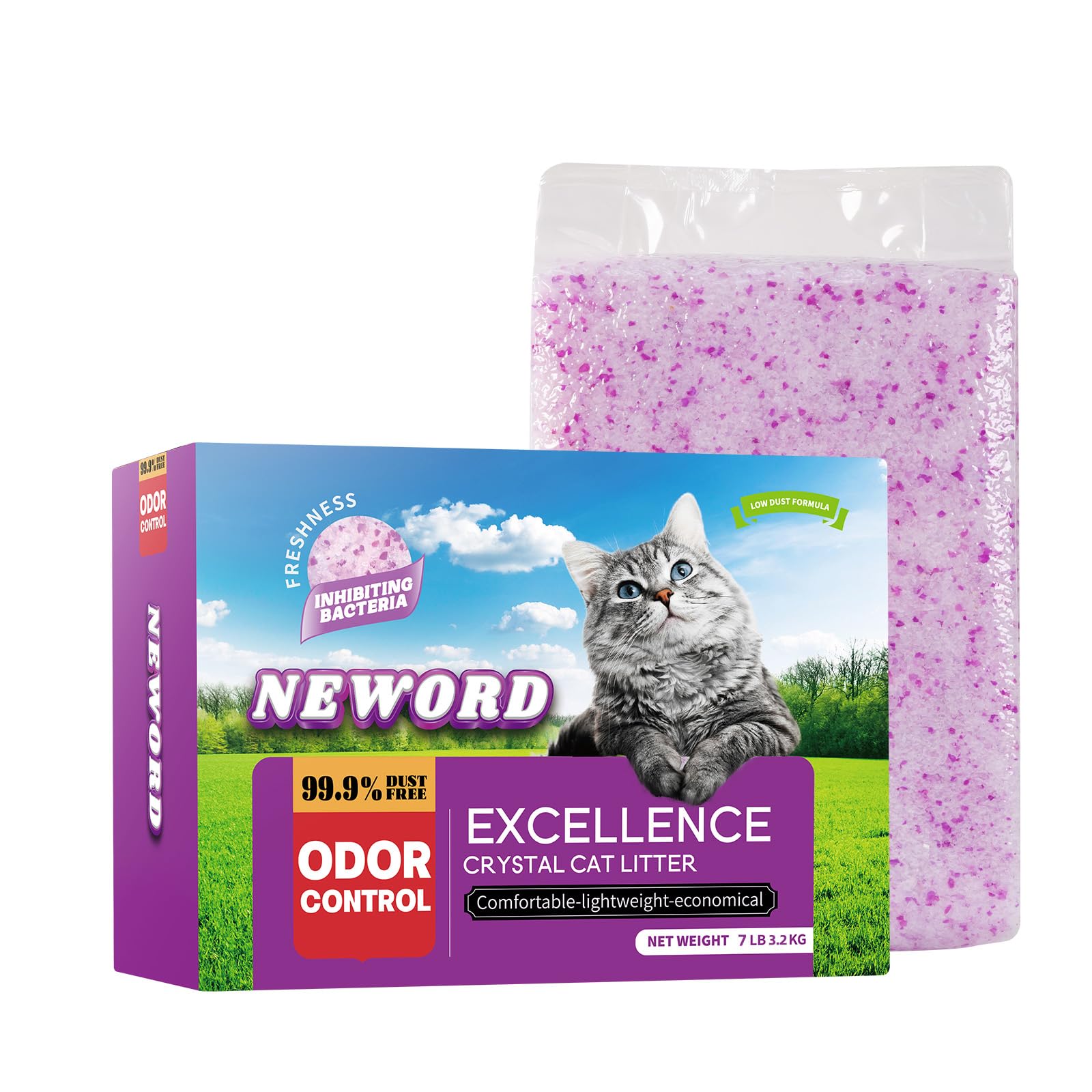 NEWORD Crystals Cat Litter packaging with lavender scent and 7 lb bag