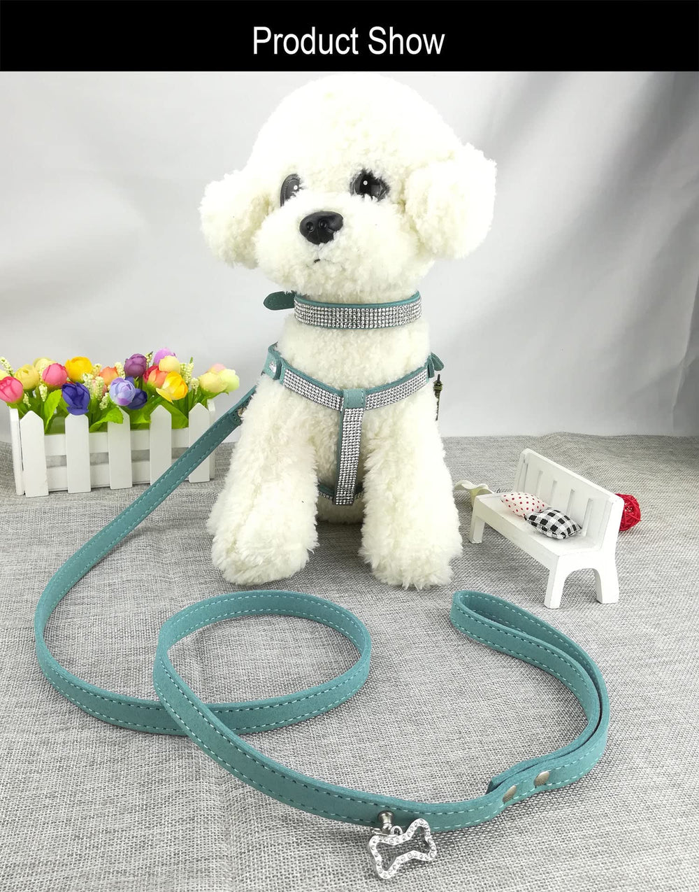 Newtensina harness blue close-up shows soft microfiber comfort for walks.