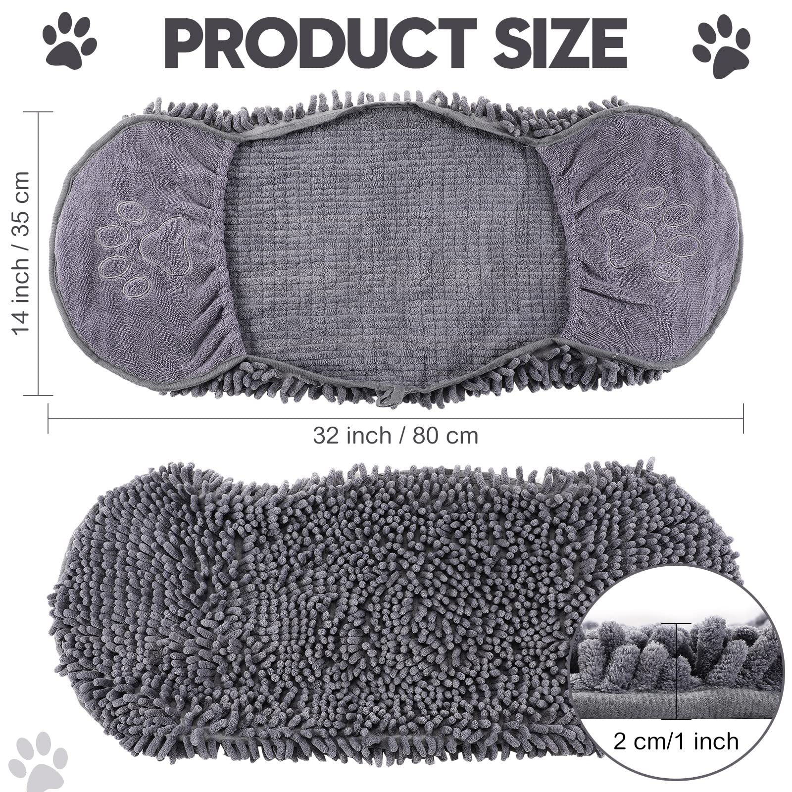 Newwiee dog drying towel 32x14 gray hand-pocket close-up for secure grip.