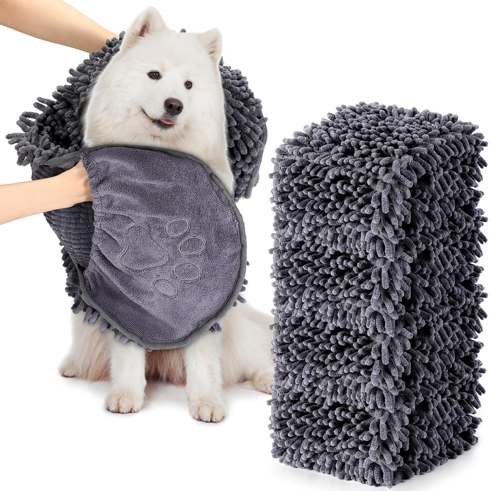 Newwiee dog drying towel 32x14 gray side view with quick absorbency.