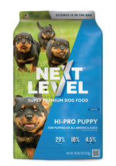 Next Level HI-PRO Puppy bag front highlights premium protein for active small dogs.