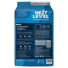Next Level HI-PRO Puppy kibble closeup shows crunchy texture for satisfying meals.