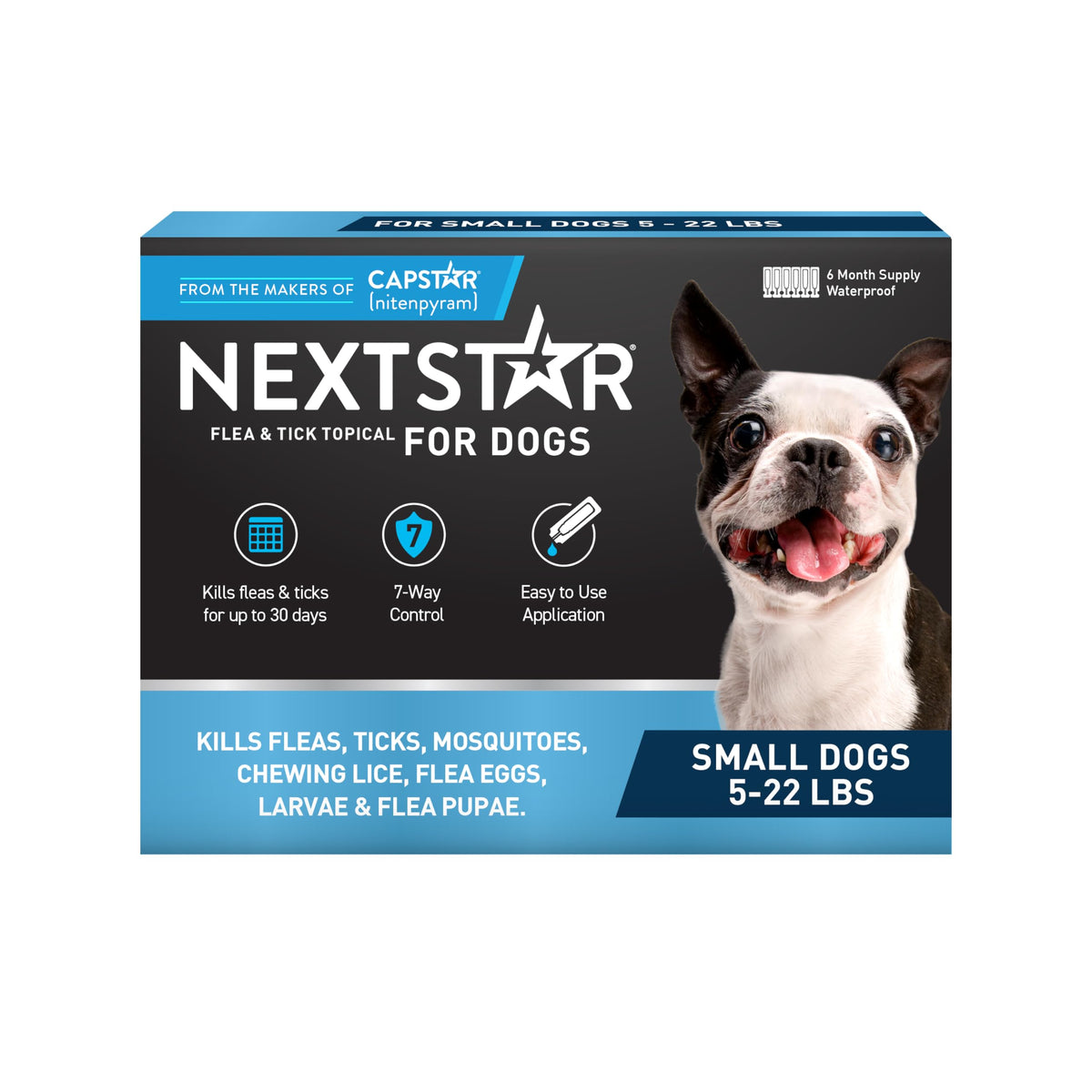 NEXTSTAR dog flea-tick topical application shows fast-acting protection for daily outings.