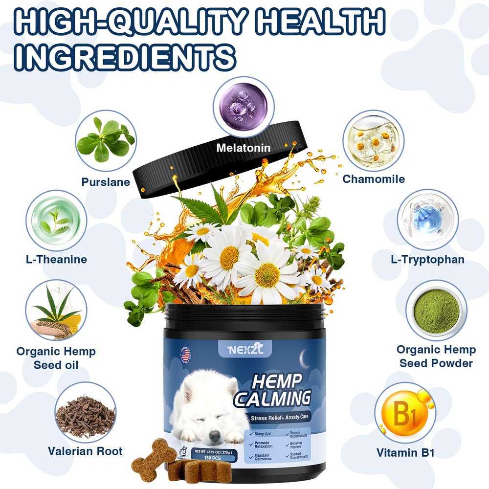 NEXZL 2-pack hemp calming chews bottle back lists ingredients and safety features