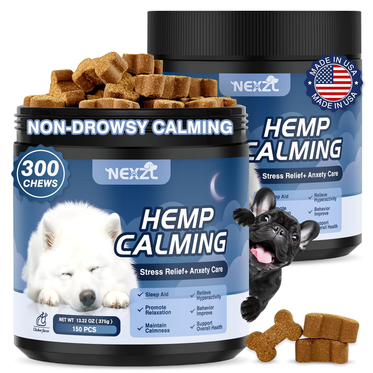 NEXZL 2-pack hemp calming chews bottle front shows a convenient stress-relief option for dogs