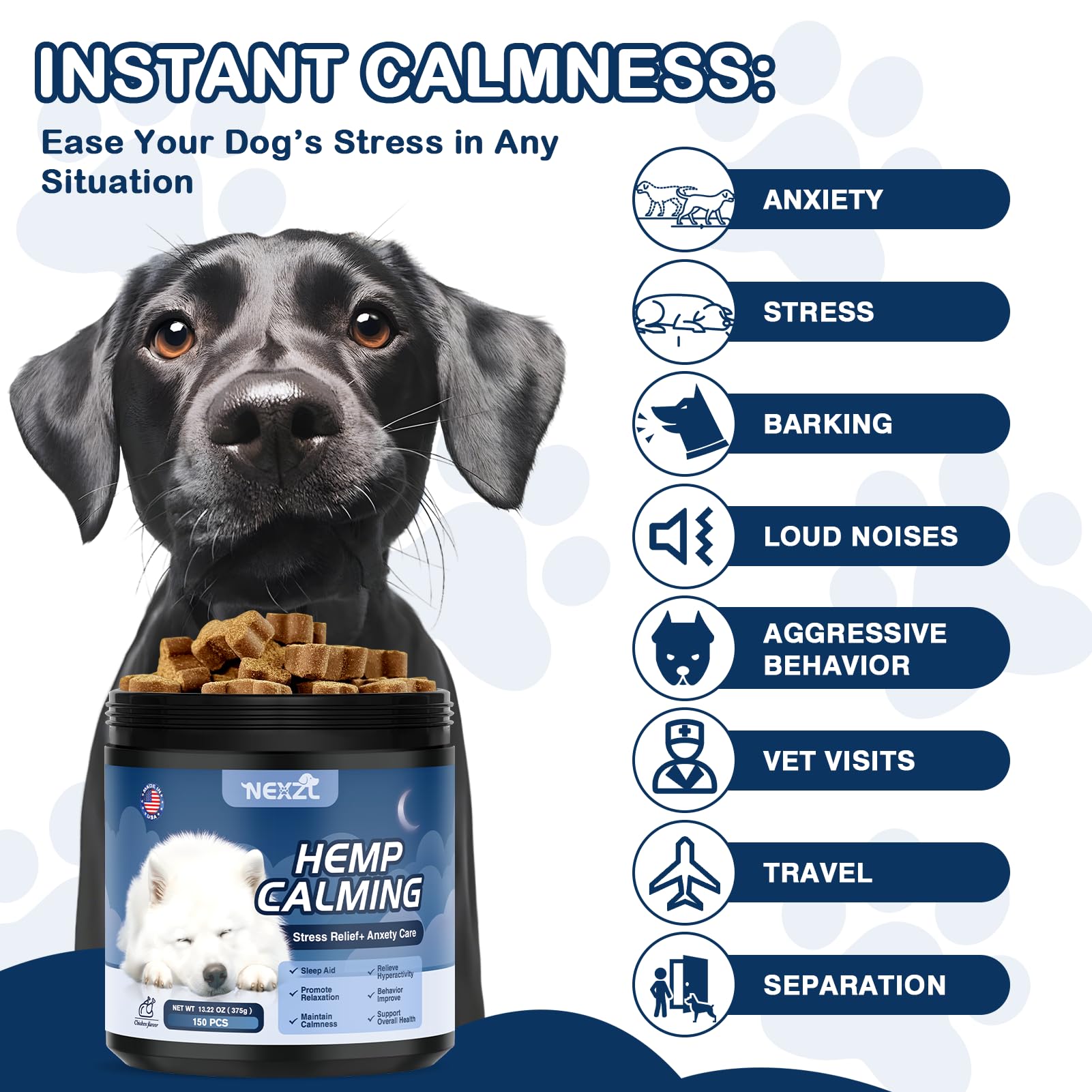 NEXZL dog calming chews fireworks-use scene depicts help during loud events