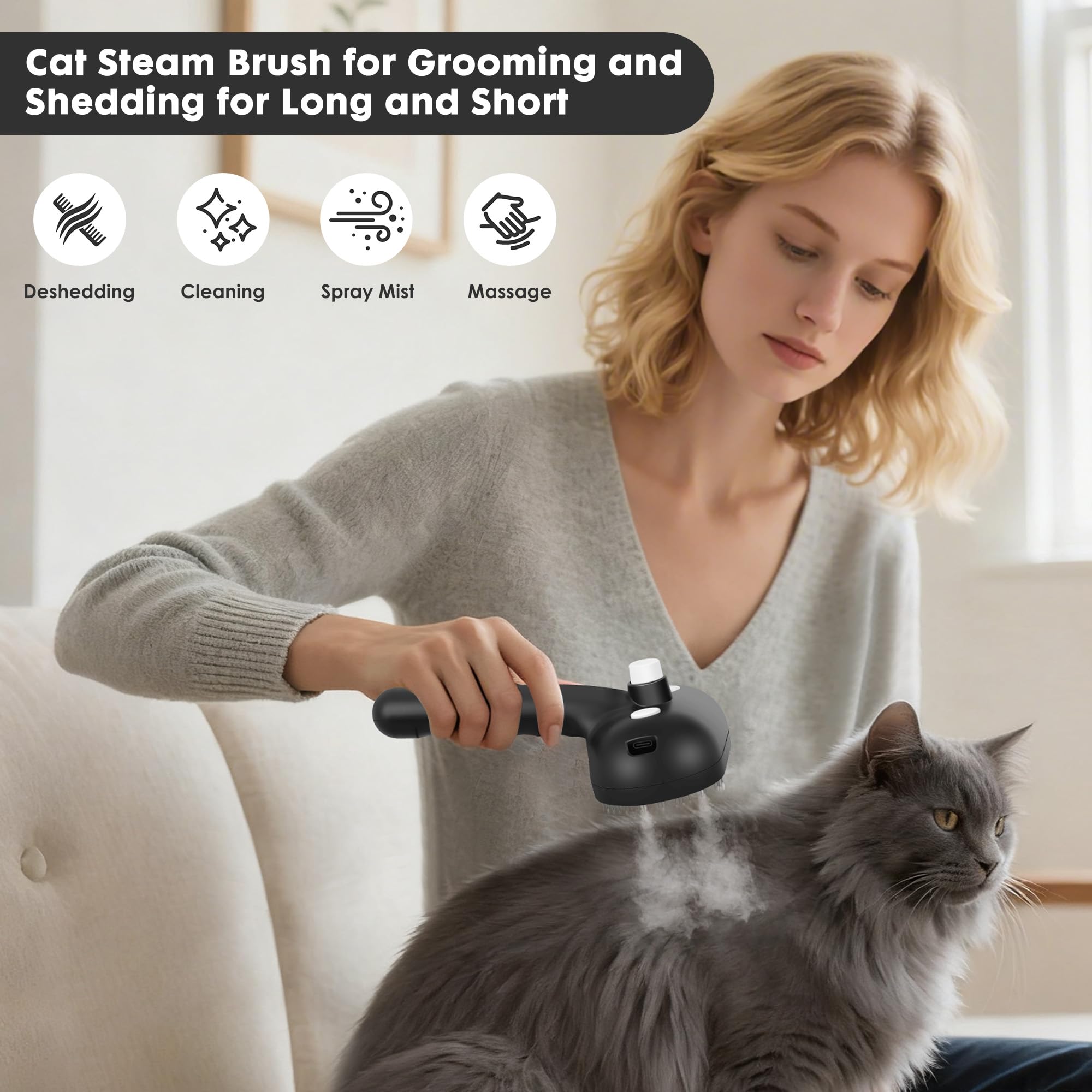 ngfhf Cat Steam Brush mist action demonstrates cool mist for comfortable grooming.