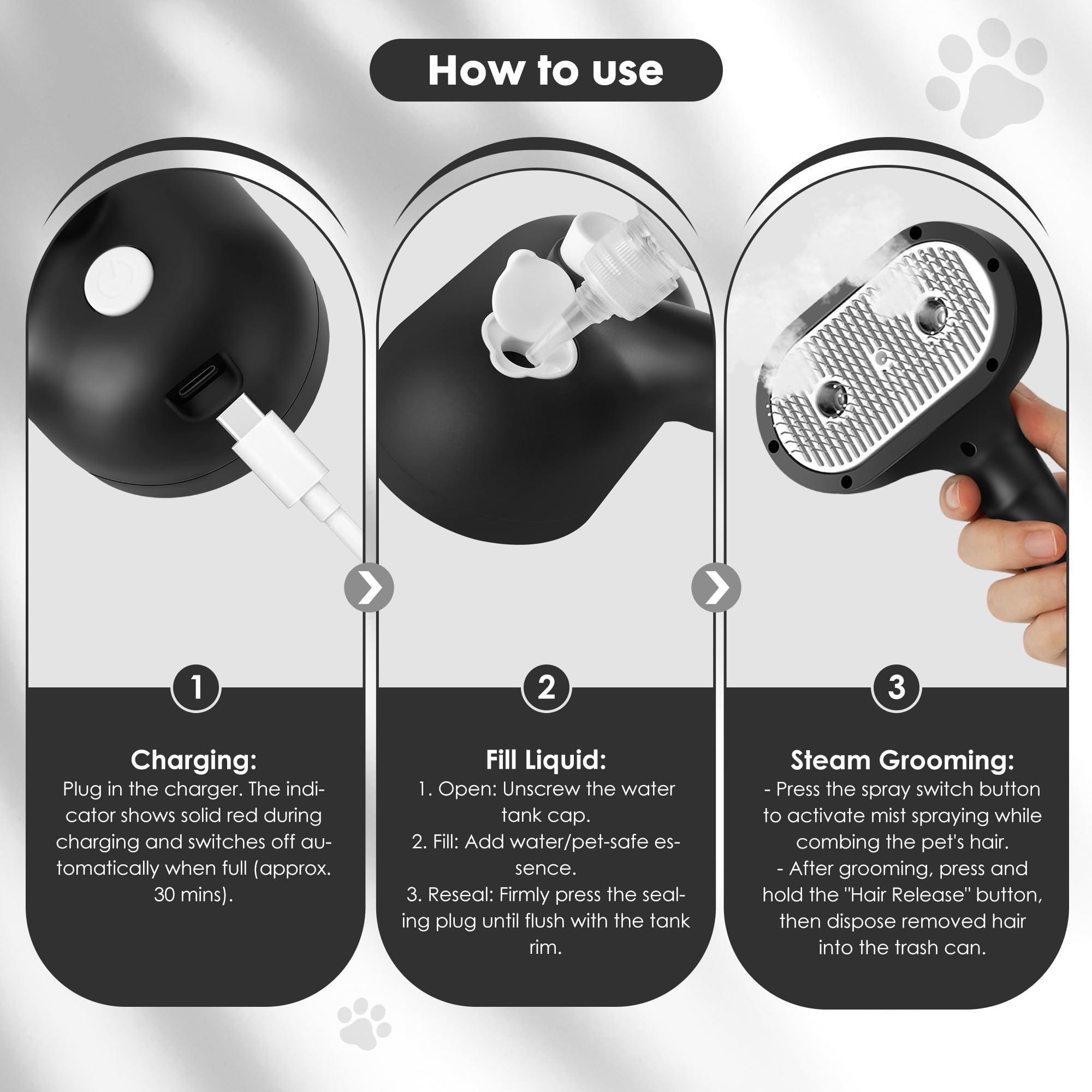 ngfhf Cat Steam Brush water tank and USB-C charging for easy setup.