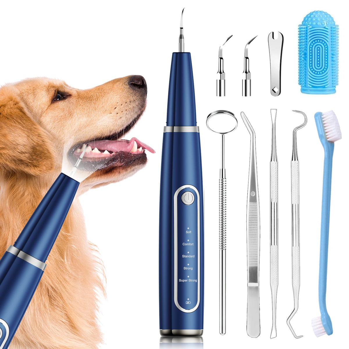 Ni-SHEN dog plaque remover ultrasonic cleaner front view shows compact blue design for home dental care.