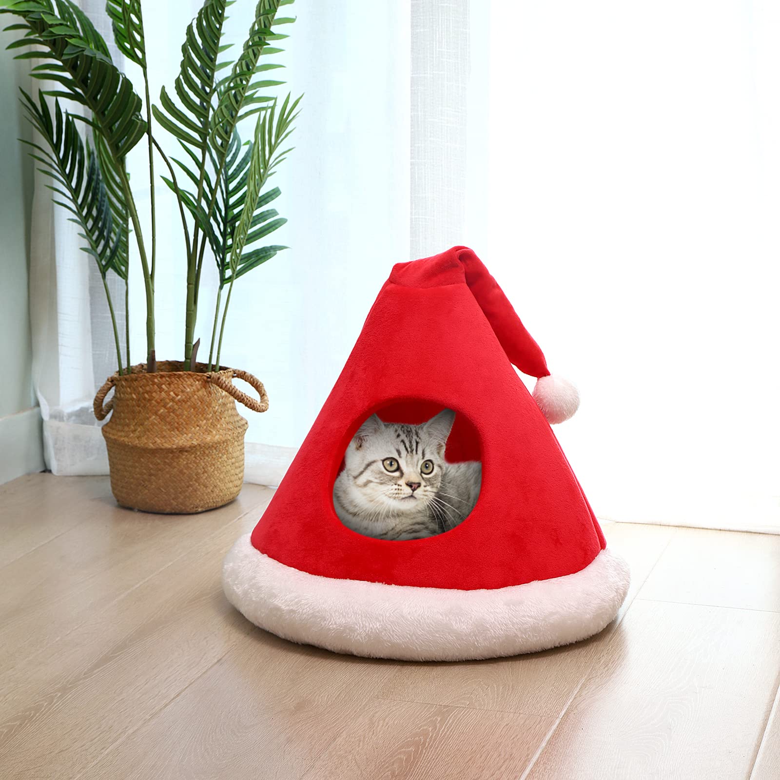 NIBESSER cat bed Christmas hat tent front view for cozy privacy and festive vibes.