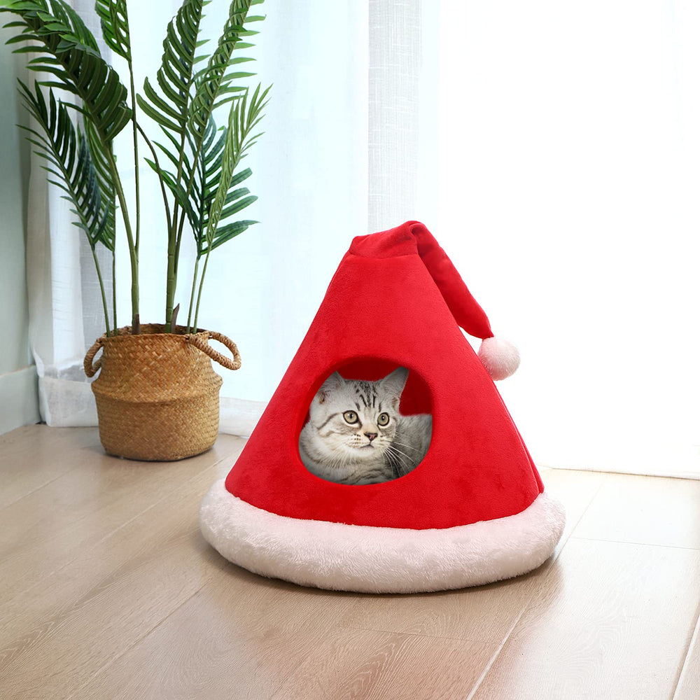 NIBESSER cat bed Christmas hat tent front view for cozy privacy and festive vibes.