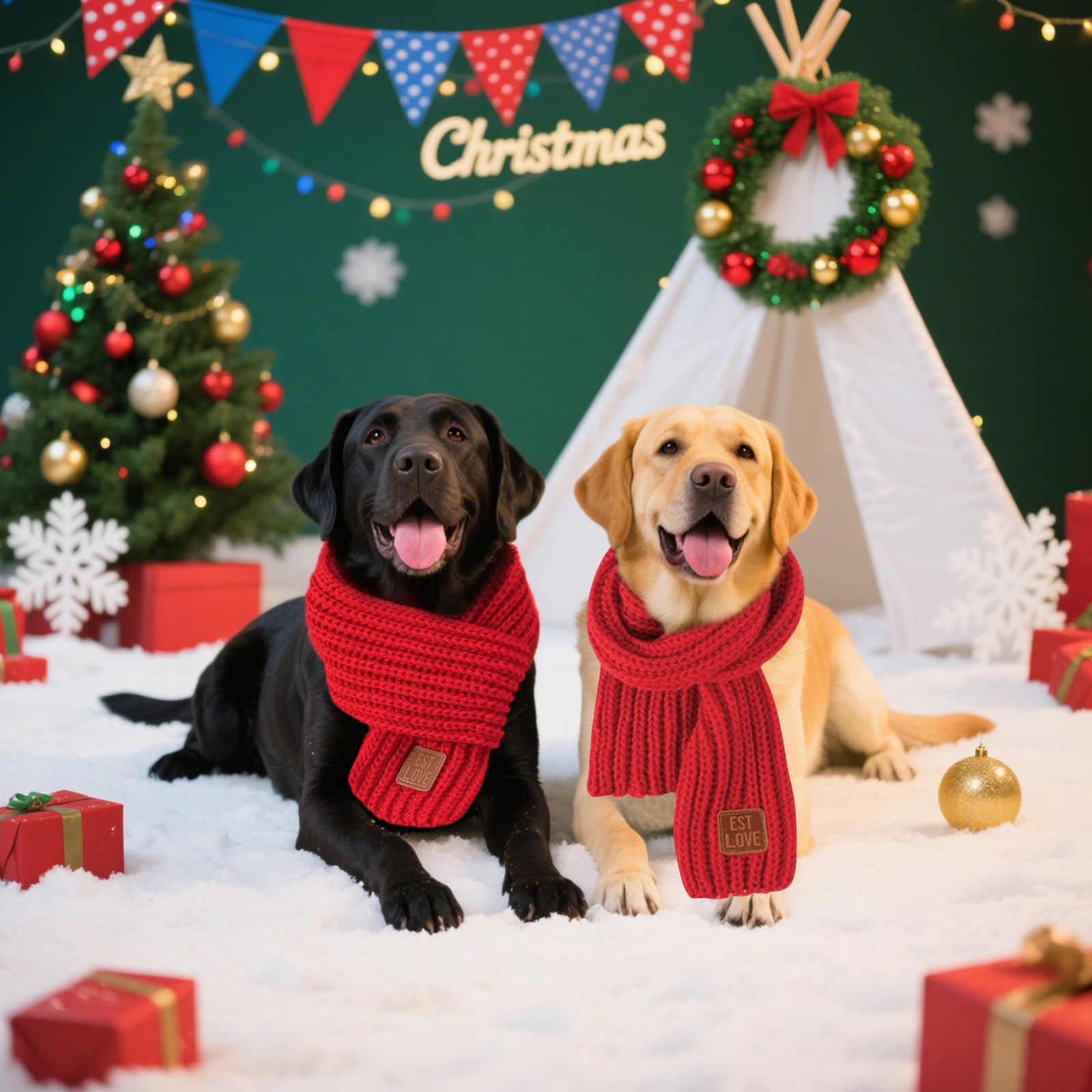 Nibnozy dog christmas bandana two-pack display shows mix-and-match red and green scarves.