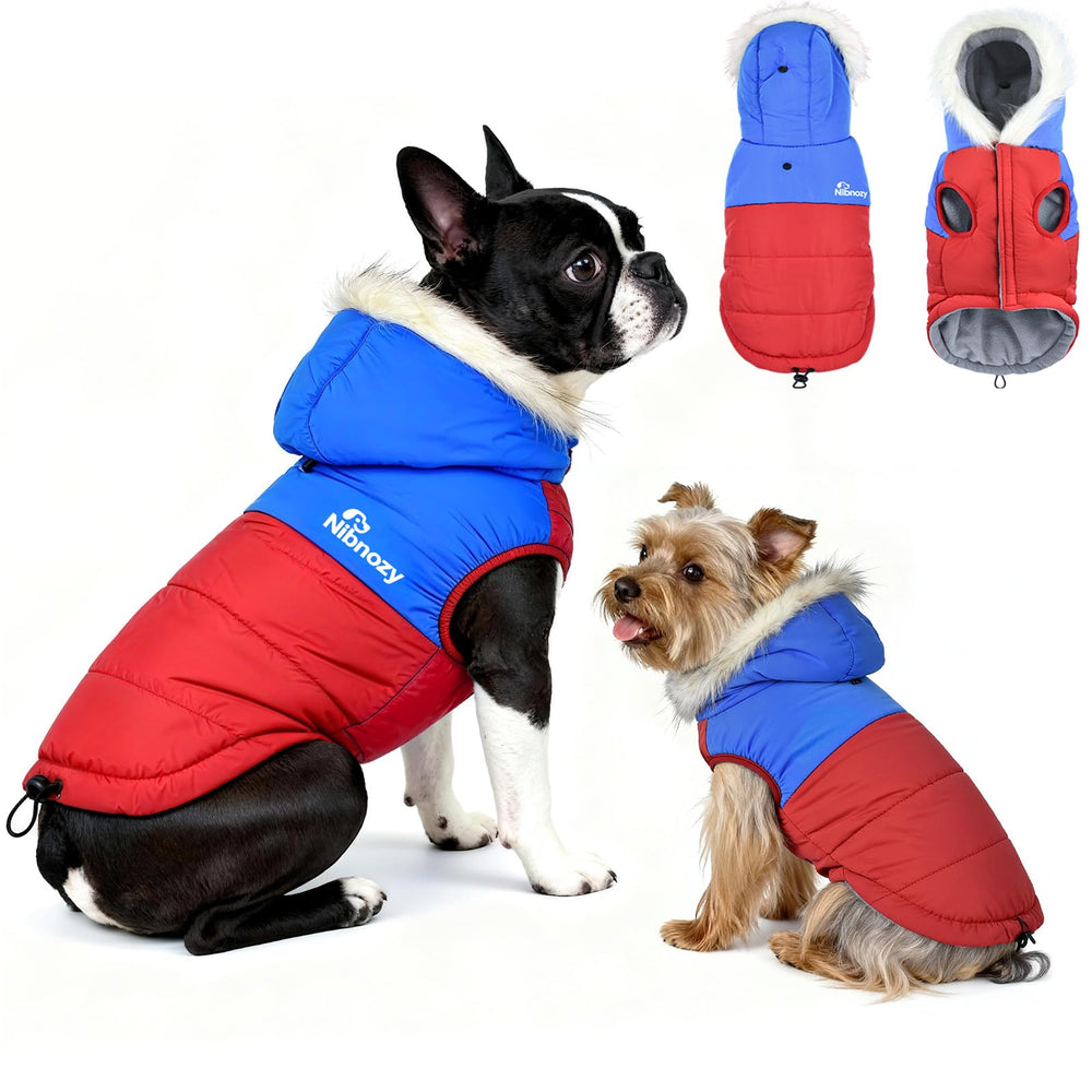 Nibnozy dog winter coat hood back view shows waterproof shell and warm fleece lining for cold days.