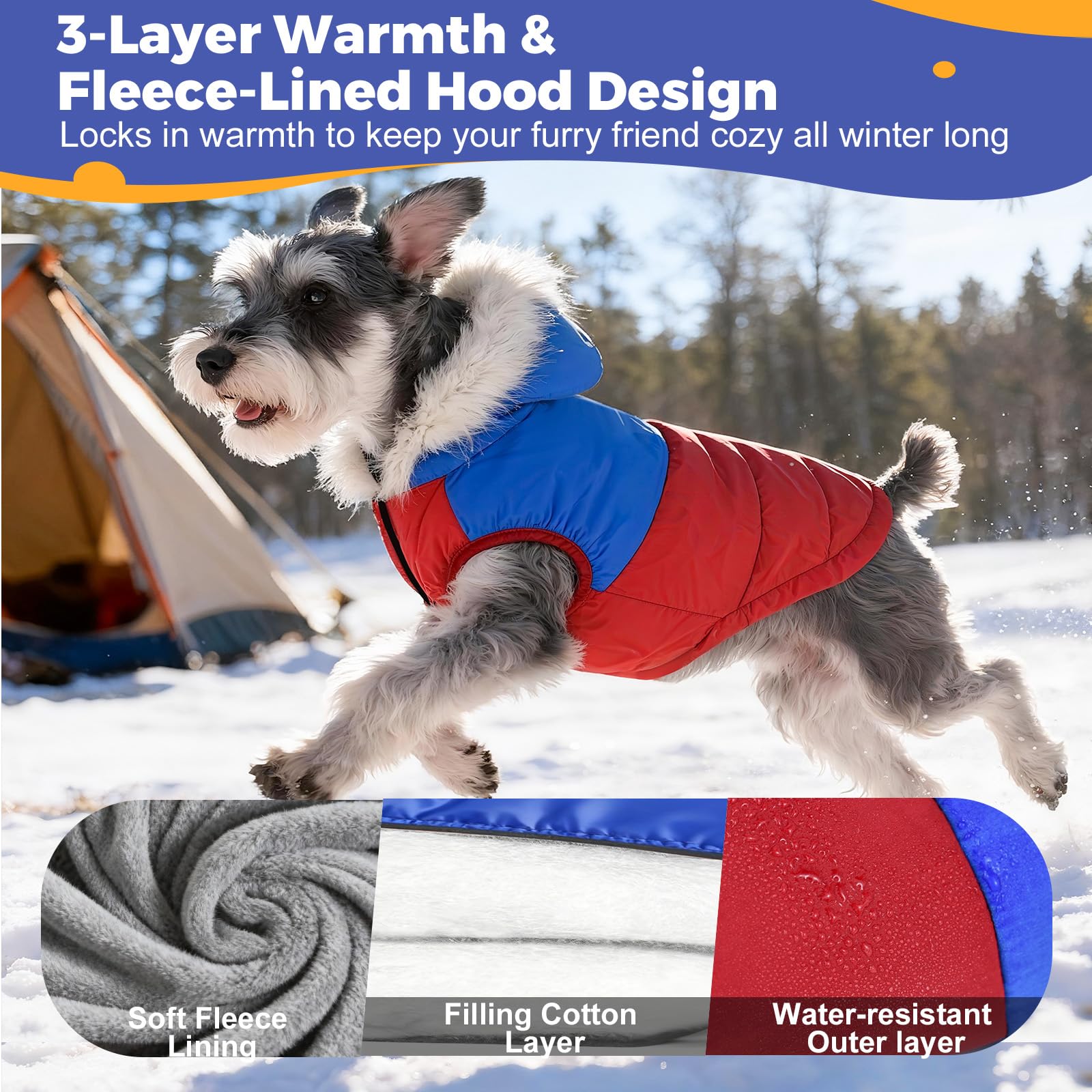 Nibnozy dog winter coat hood front view highlights plush hood for wind protection during walks.