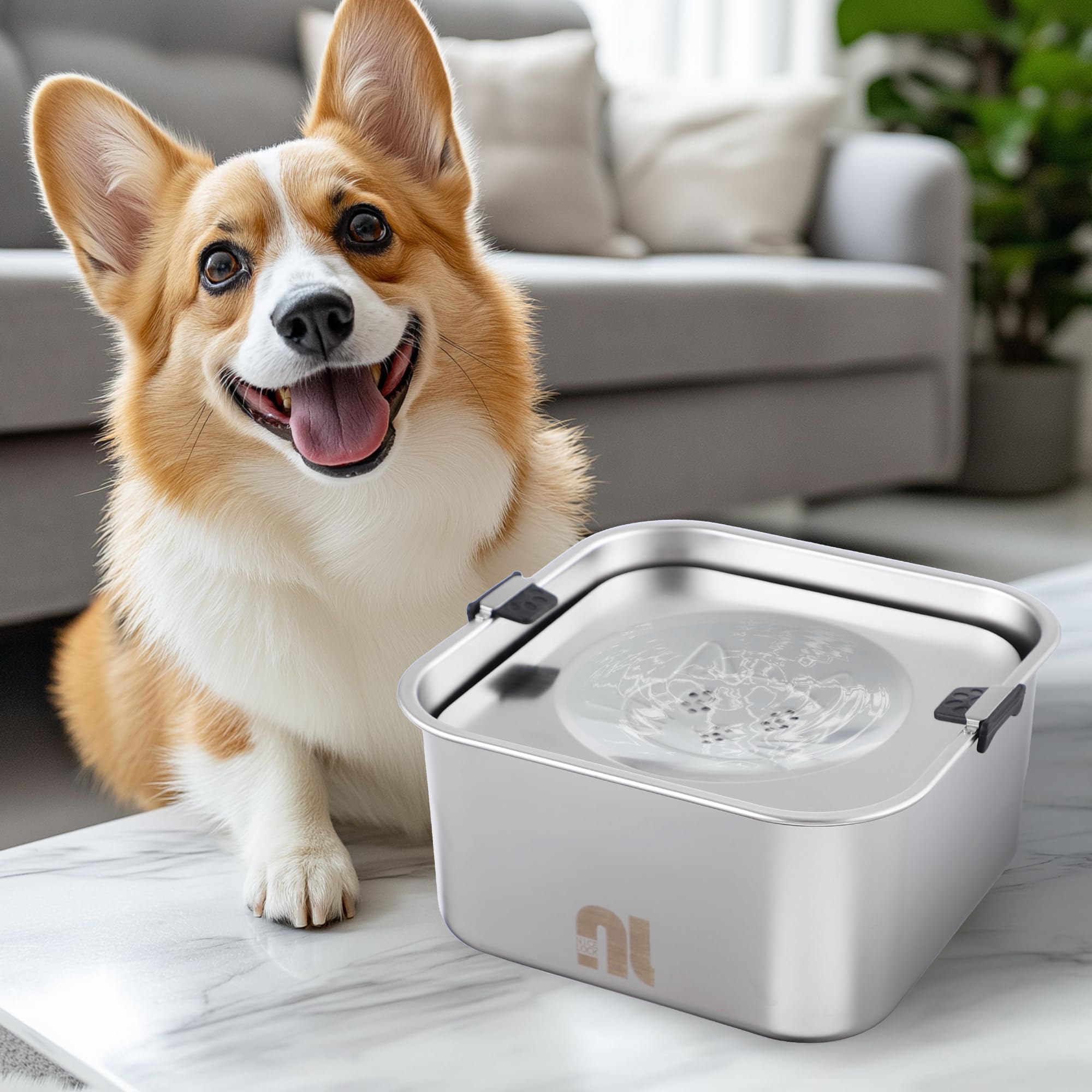Nicelock dog water bowl in use outdoors, no splash on patio.
