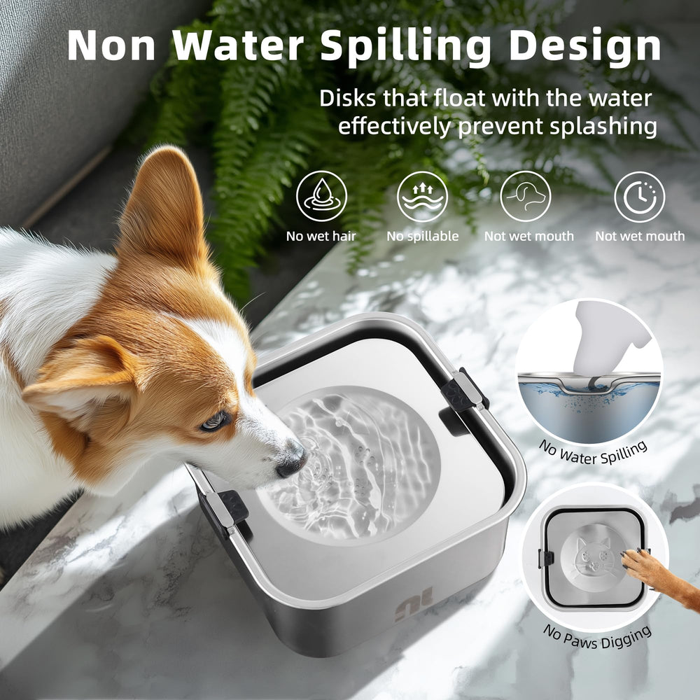 Nicelock no-spill dog water bowl closeup stainless highlighting durable build.