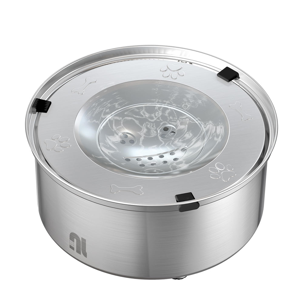 Nicelock no-spill dog water bowl front view with clean stainless steel design, ideal for busy homes