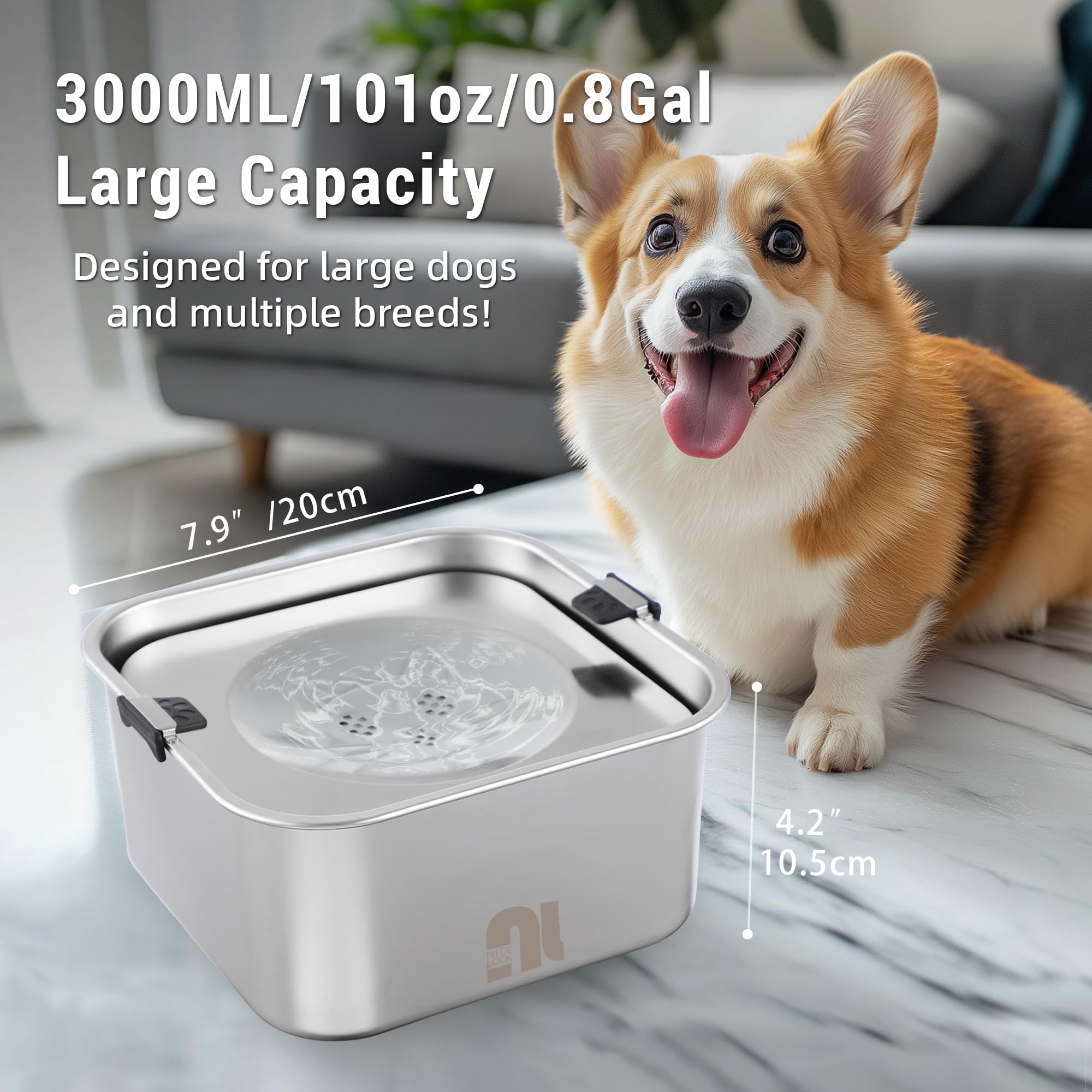 Nicelock slow-feeder water bowl flow mechanism prevents splashing during drinking.