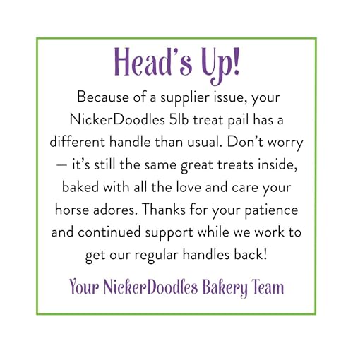 NickerDoodles 5lb pail highlights convenient, ready-to-use horse treats.