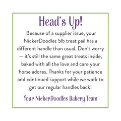 NickerDoodles 5lb pail highlights convenient, ready-to-use horse treats.