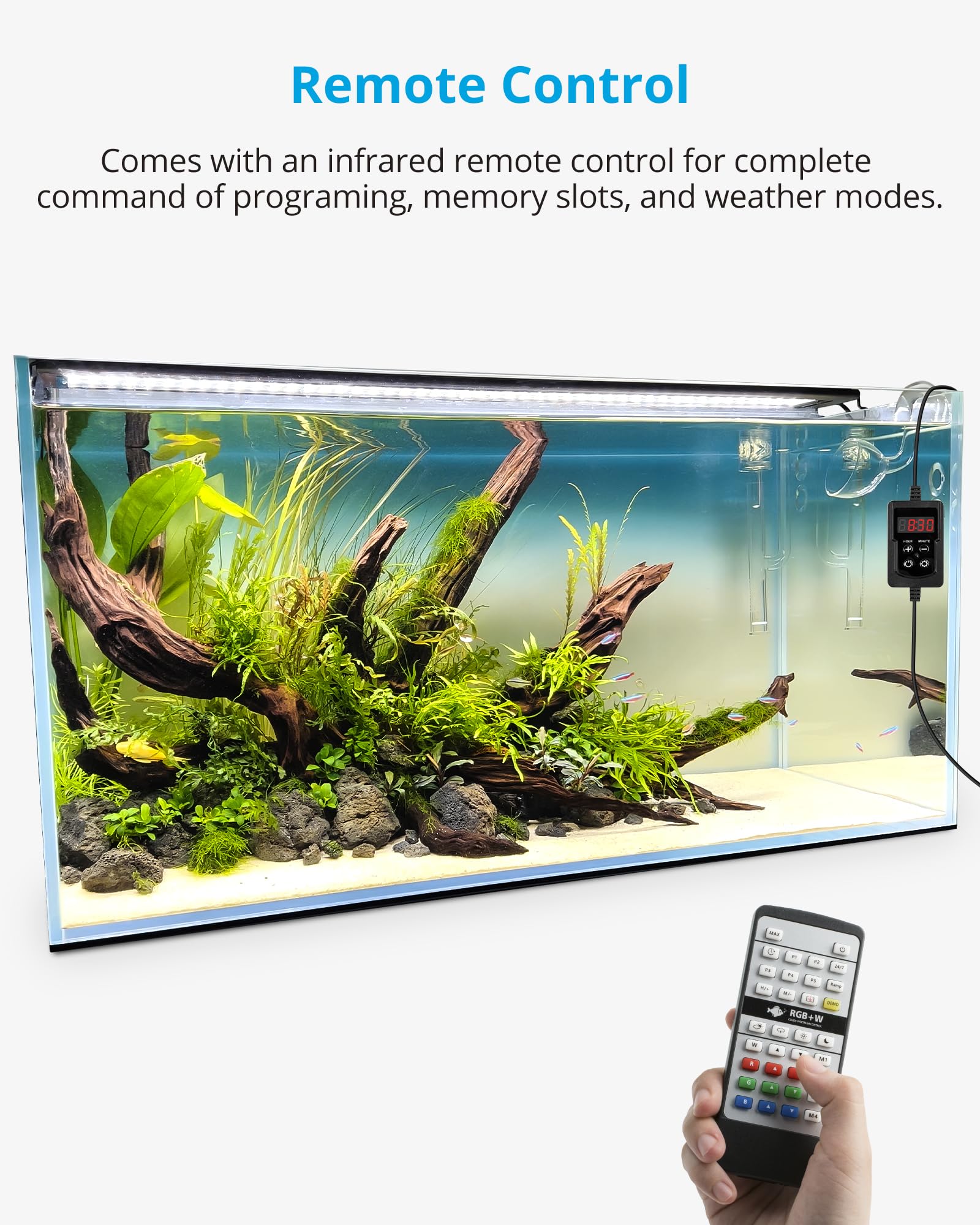 NICREW RGB+W 24/7 light remote control enables easy schedule customization for tanks.