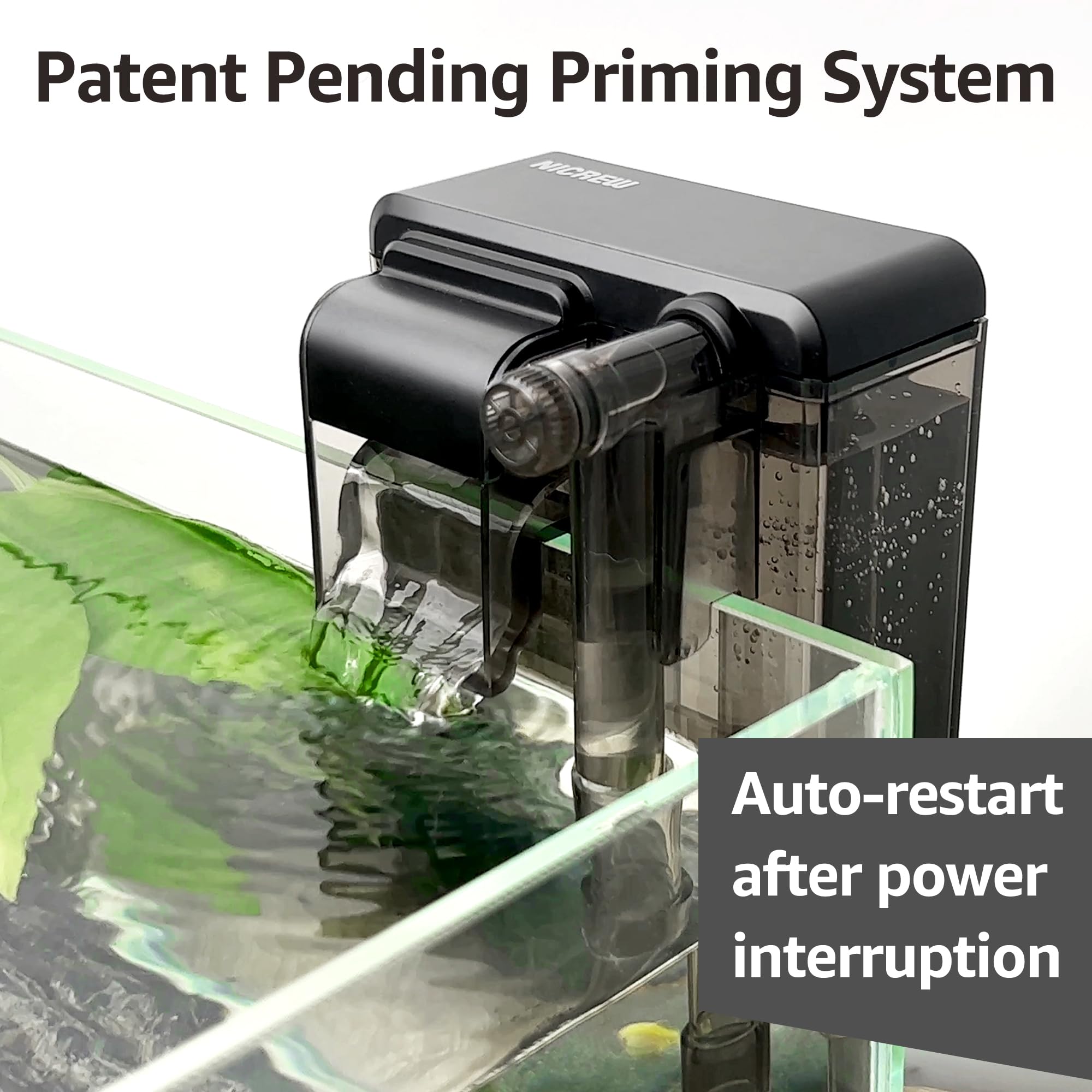 NICREW Slim Aquarium Filter priming system demonstrates auto restart after power loss.