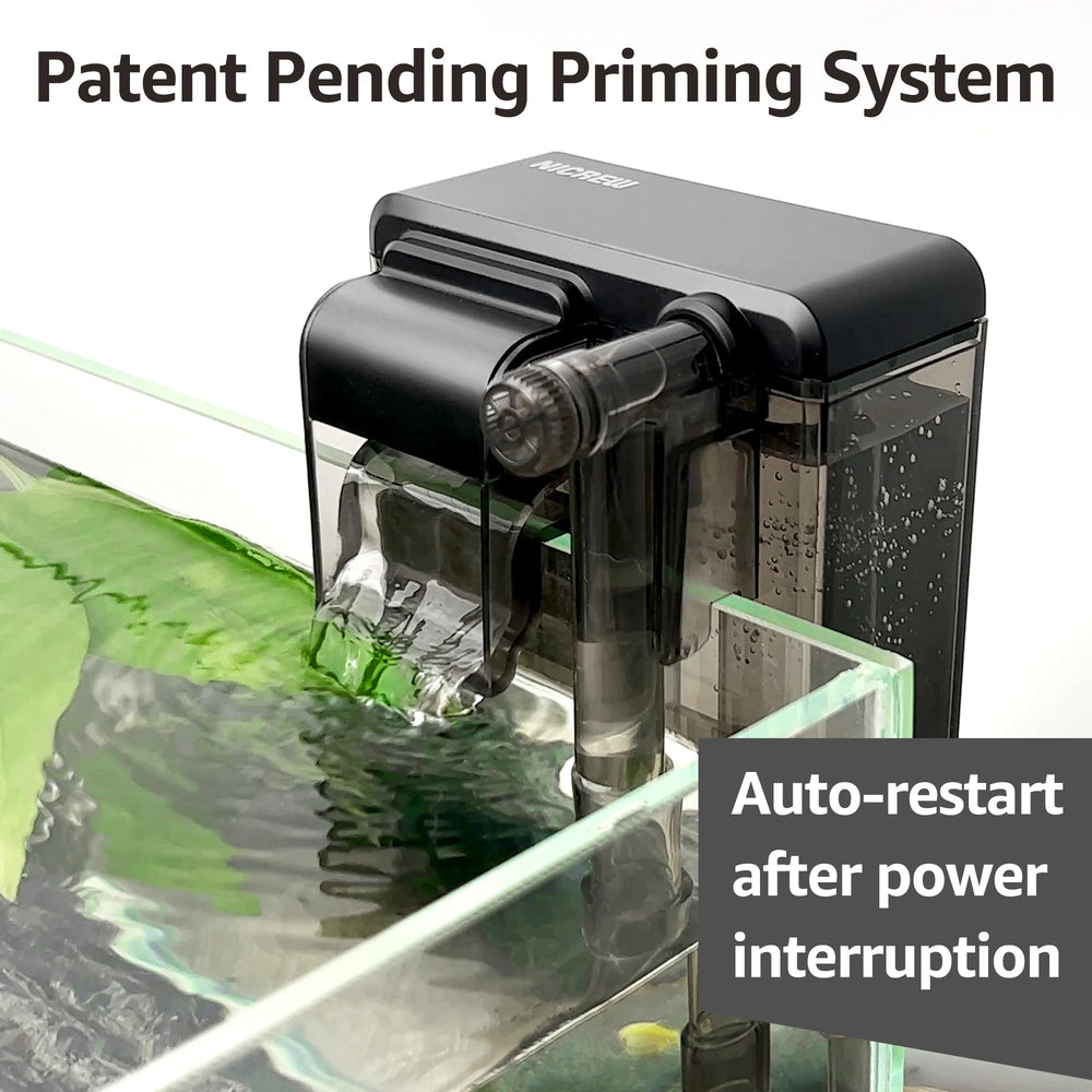 NICREW Slim Aquarium Filter priming system demonstrates auto restart after power loss.