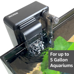 NICREW Slim Aquarium Filter side view highlights space-saving fit and quiet operation.