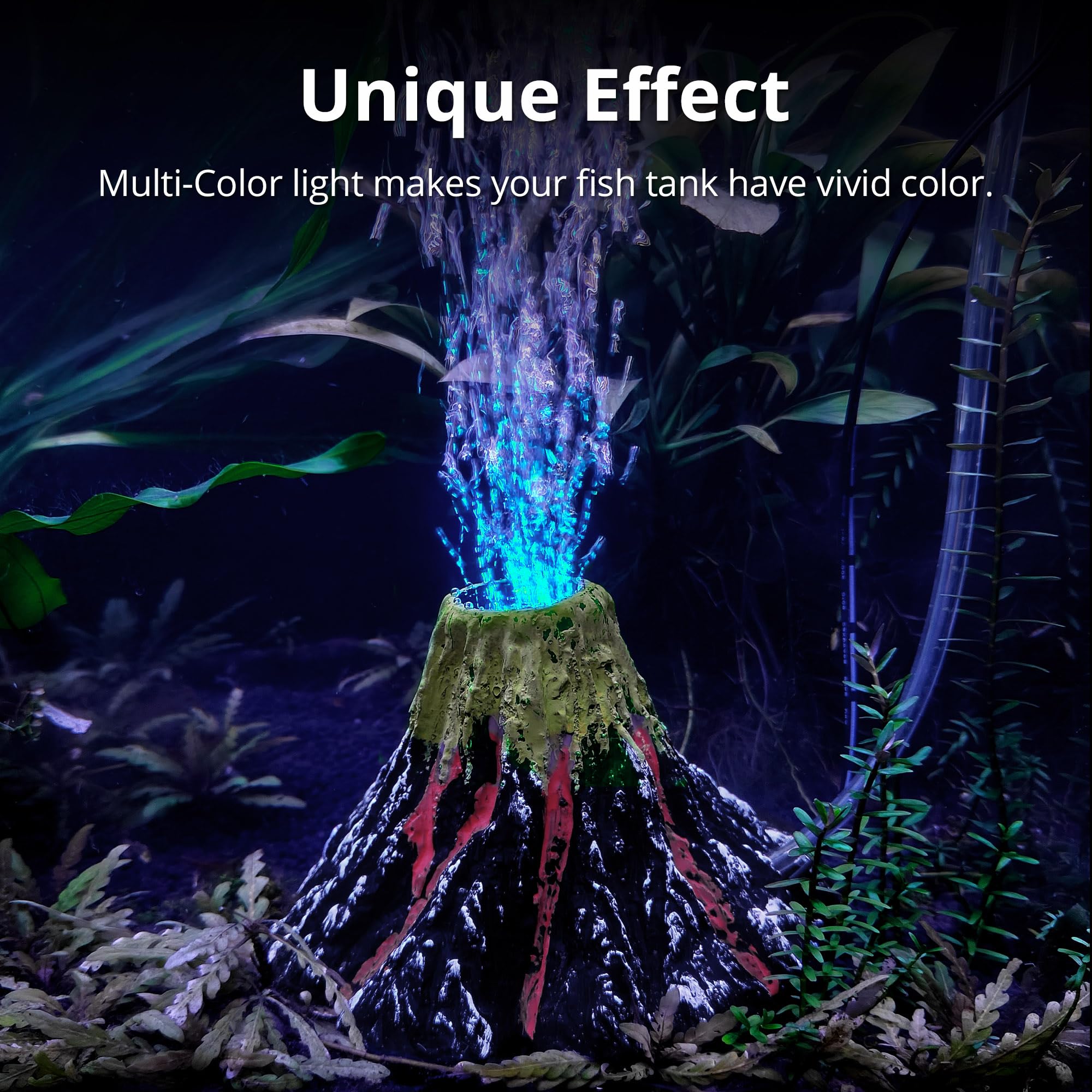 NICREW Volcano Ornament LED lights cycle colors for a dynamic tank glow.
