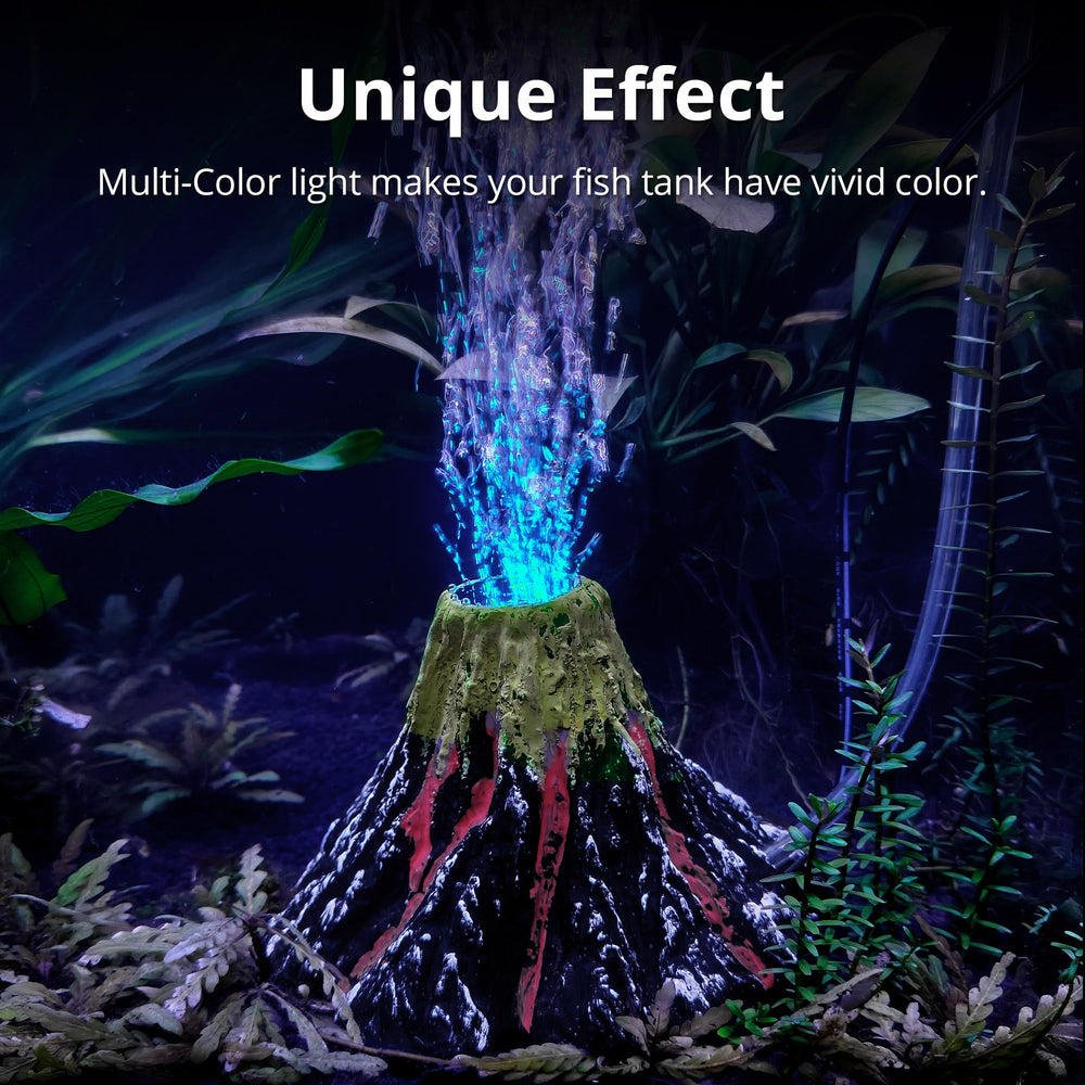 NICREW Volcano Ornament LED lights cycle colors for a dynamic tank glow.