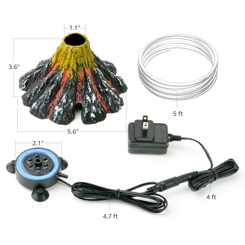 NICREW Volcano Ornament packaging contents including decoration, tubing, and power adapter.